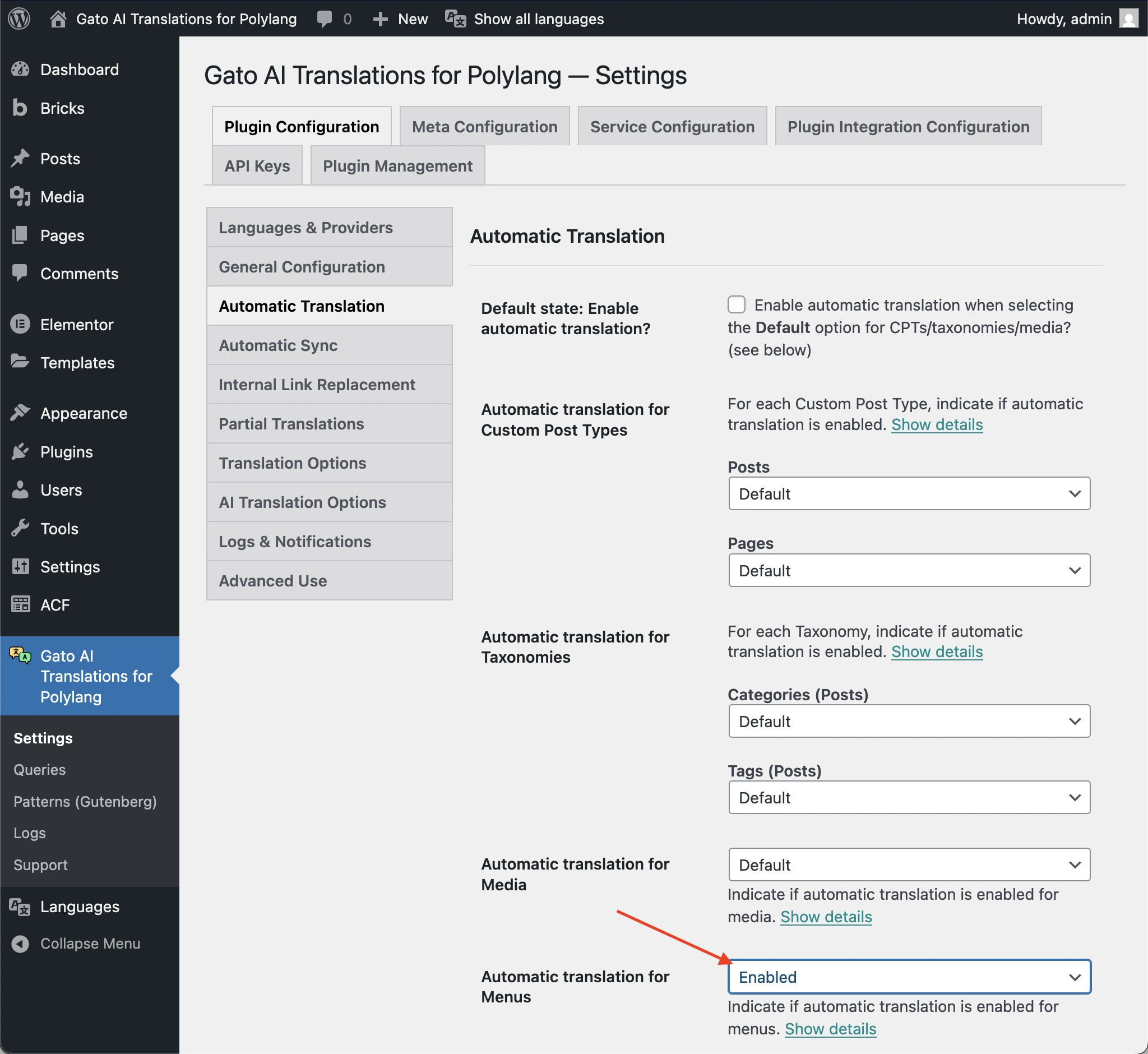 Abilitazione della traduzione automatica per i menu