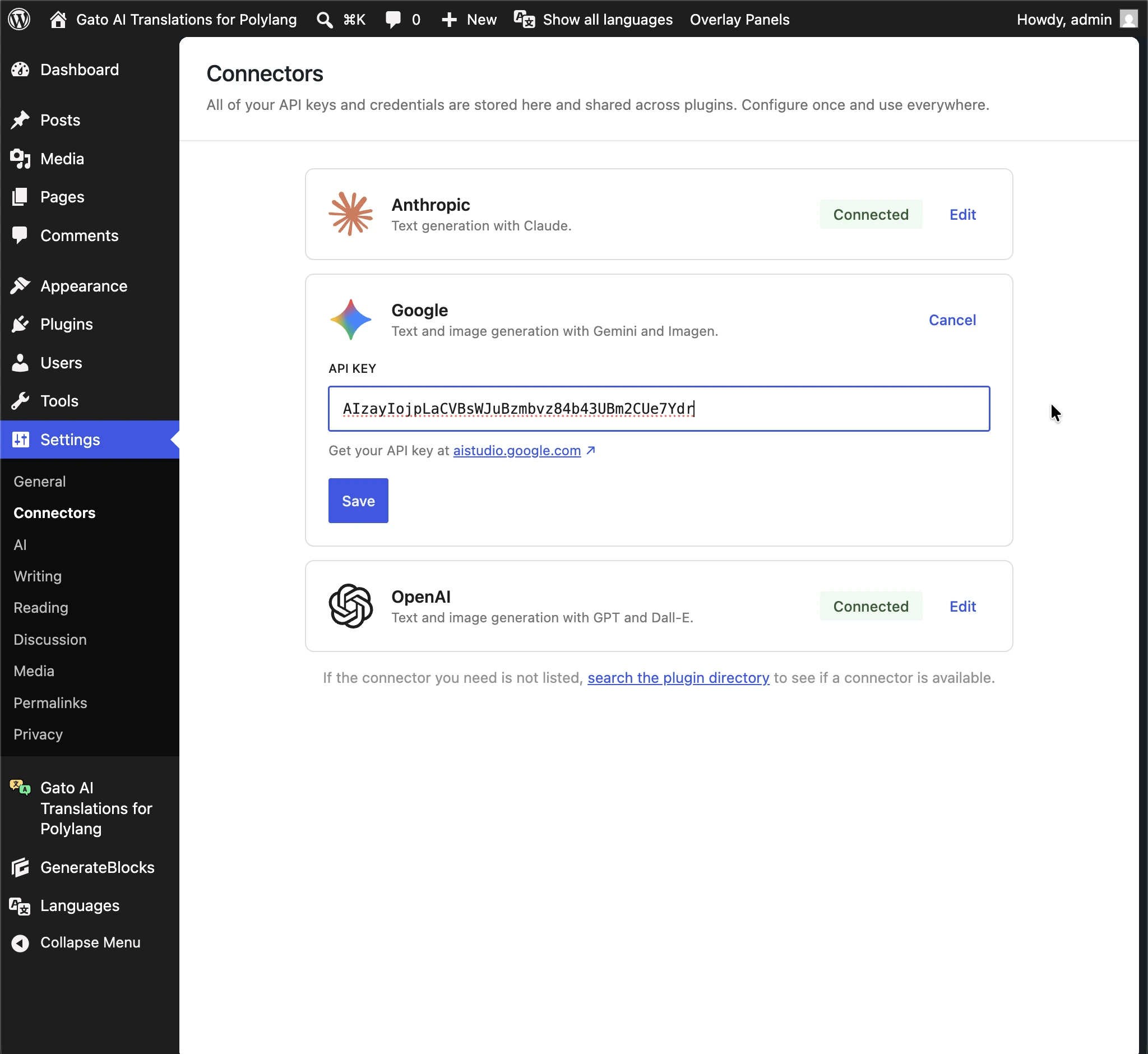 Le chiavi API per Anthropic, Google e OpenAI vengono prelevate da WordPress AI Connectors