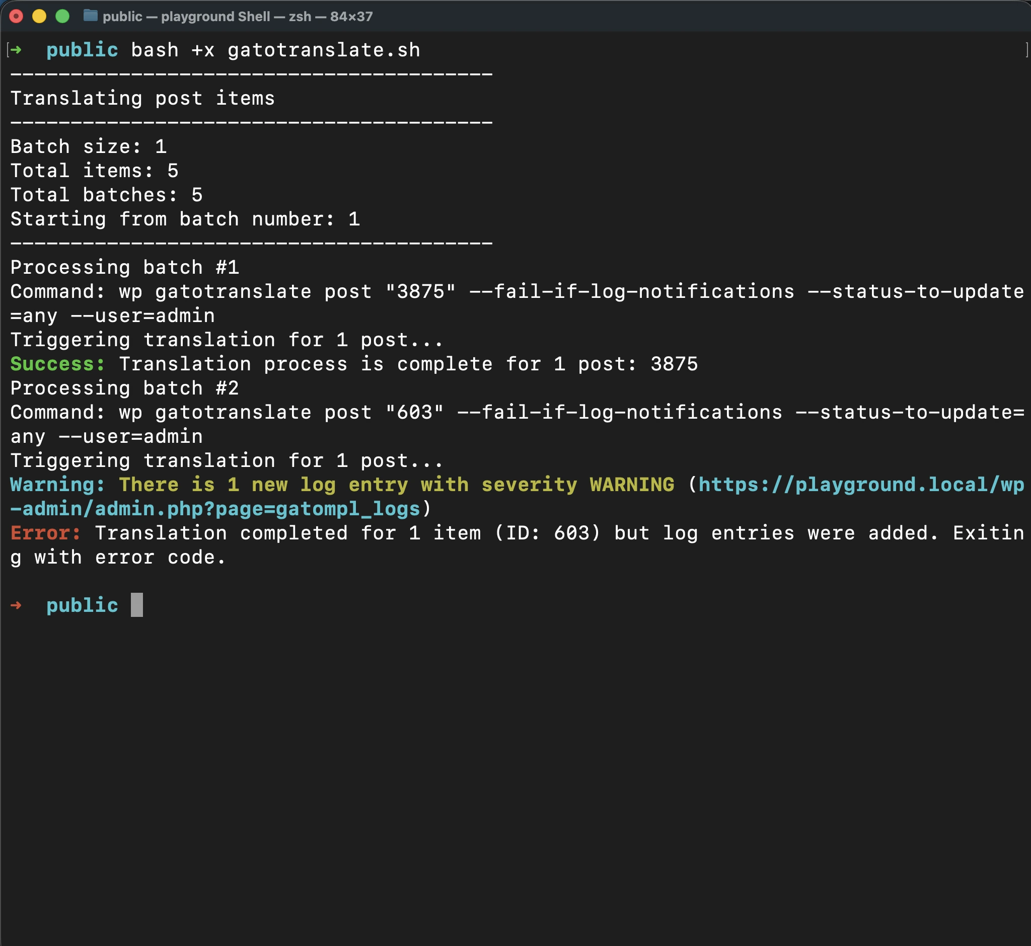 Esecuzione dello script 'gatotranslate.sh' con il parametro '--fail-if-log-notifications'