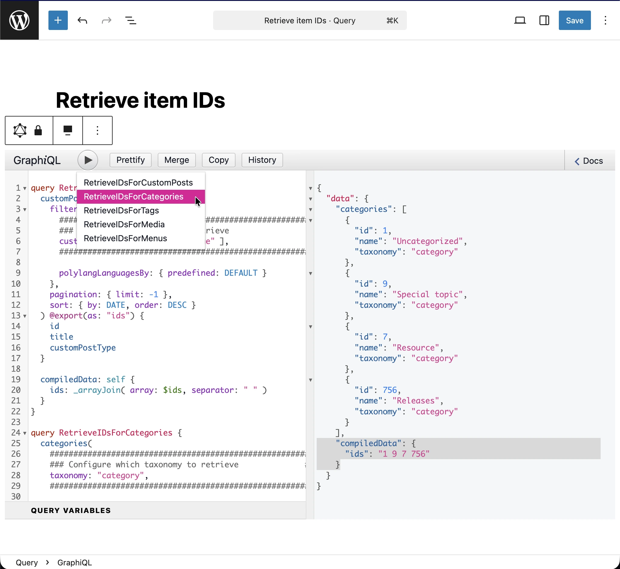 Esecuzione della query 'Retrieve item IDs'
