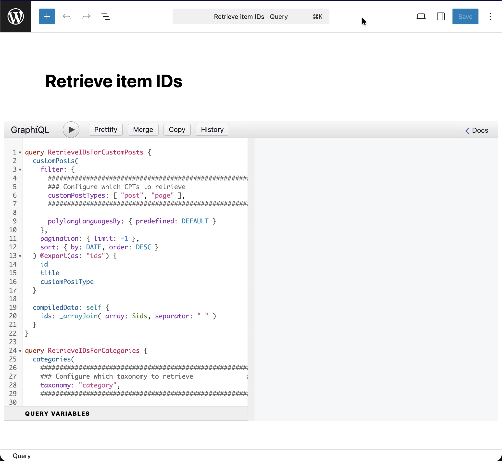 Creazione della query 'Retrieve item IDs'