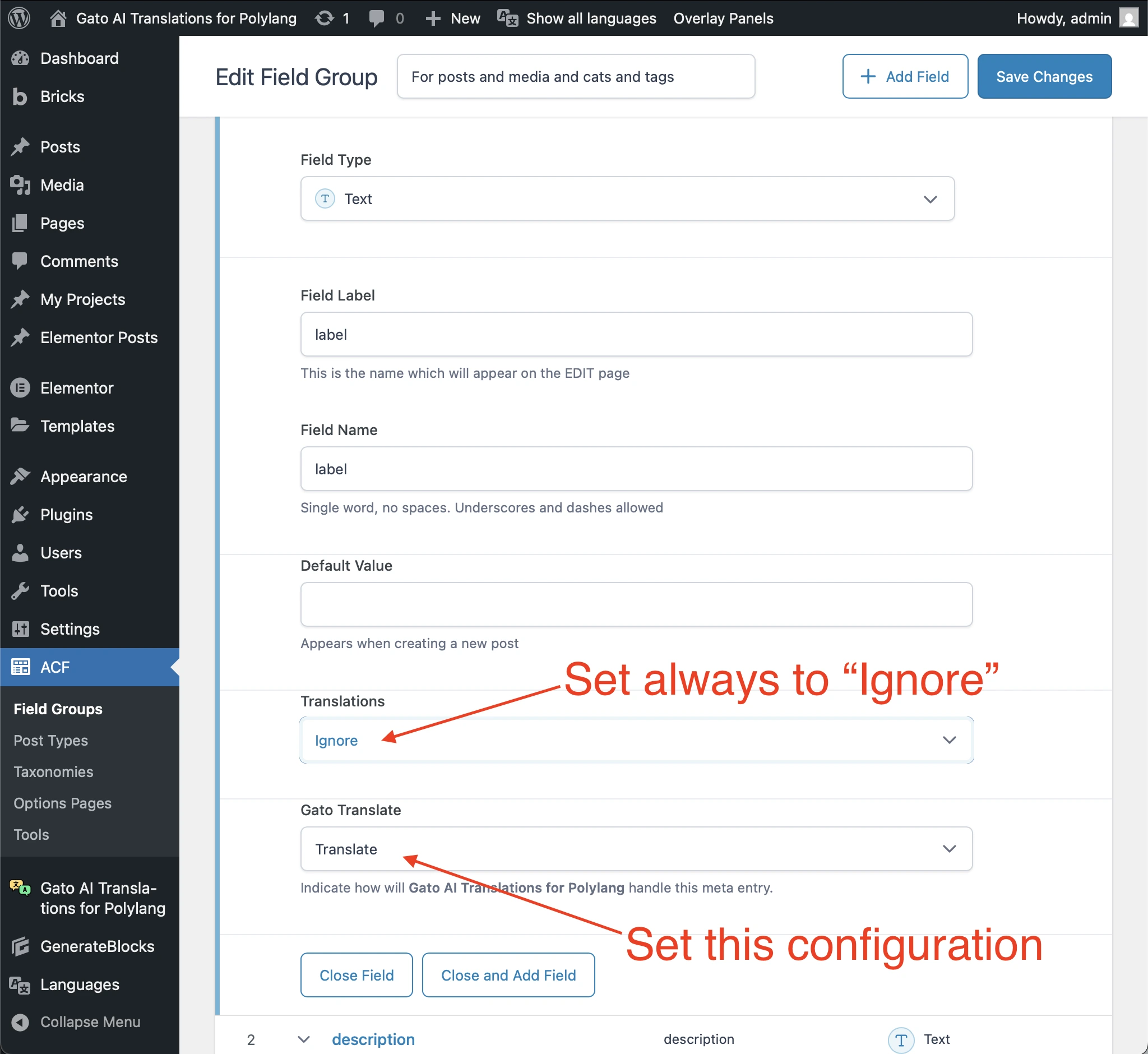 Disattivare la traduzione dei campi ACF da parte di Polylang, usare invece Gato Translate