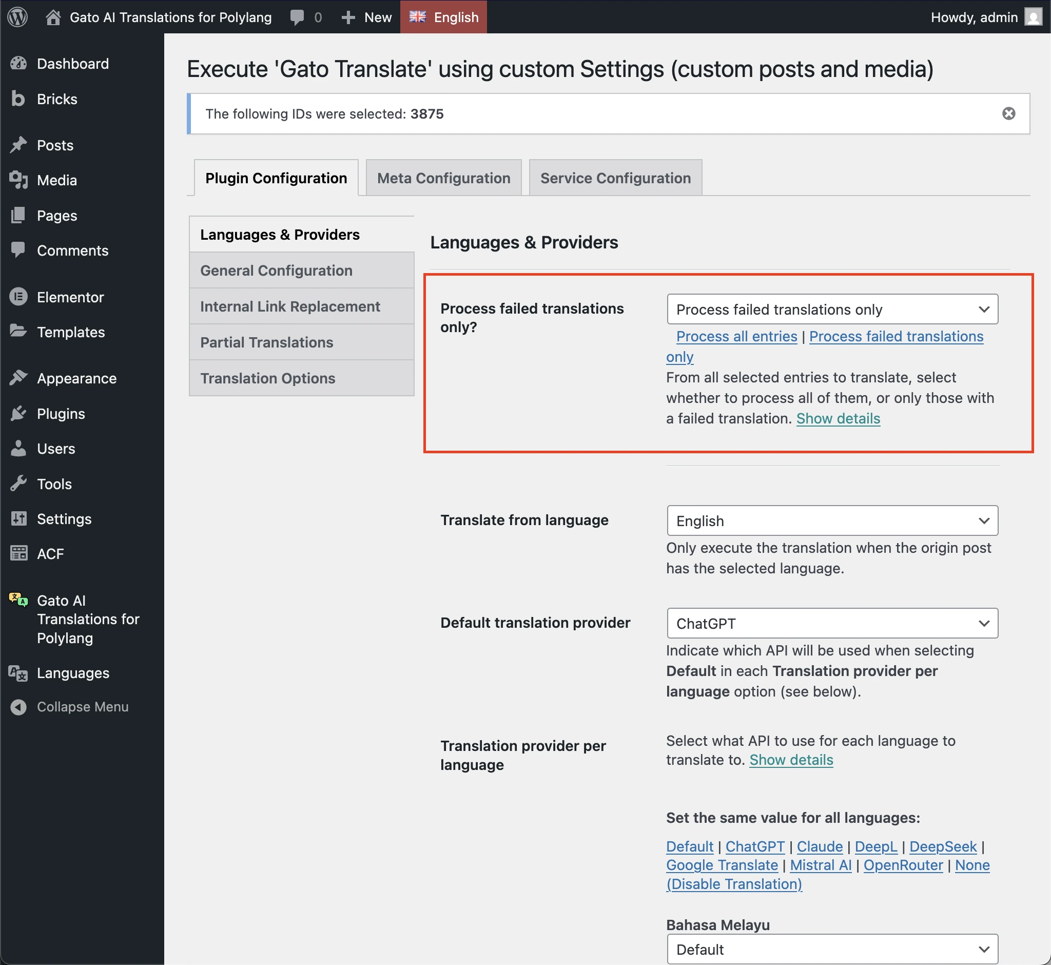 Selezione dell'opzione 'Process failed translations only' nella pagina Settings di 'Gato Translate (Custom)'