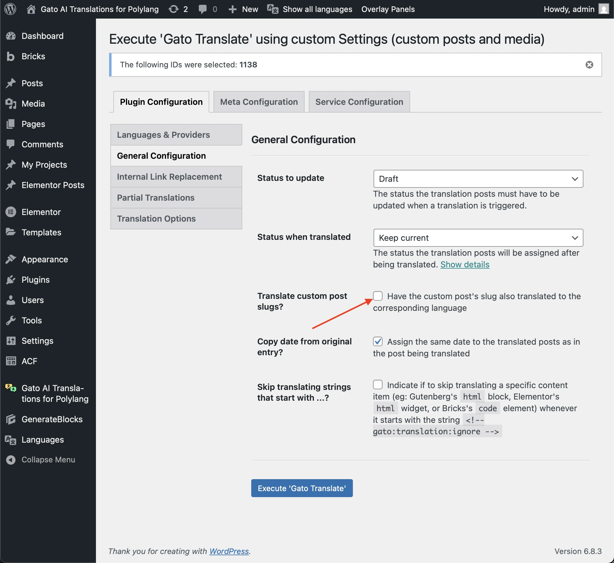Deselezione dell'opzione 'Translate custom post slugs?'