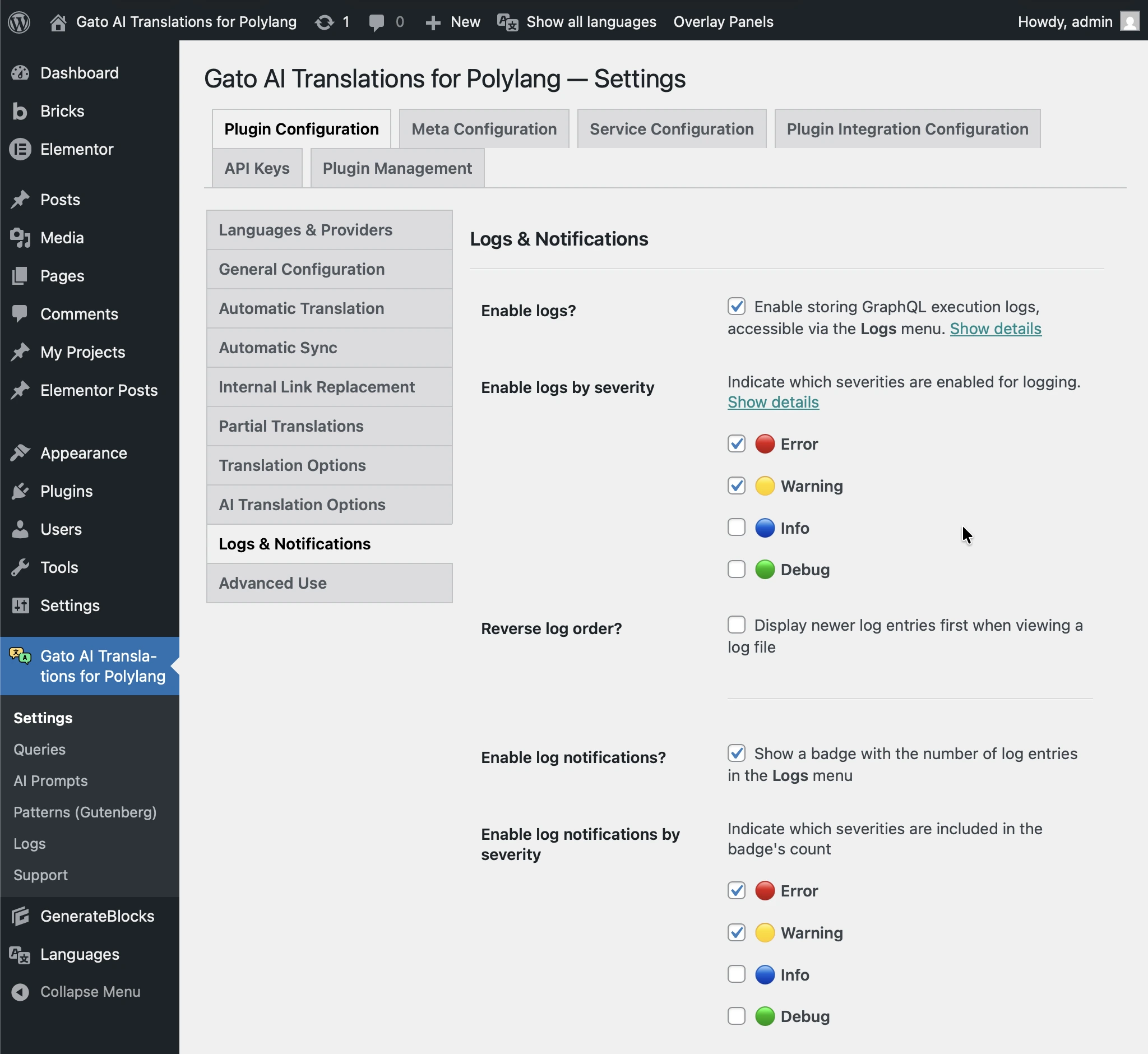 Impostazioni di Logs & Notifications