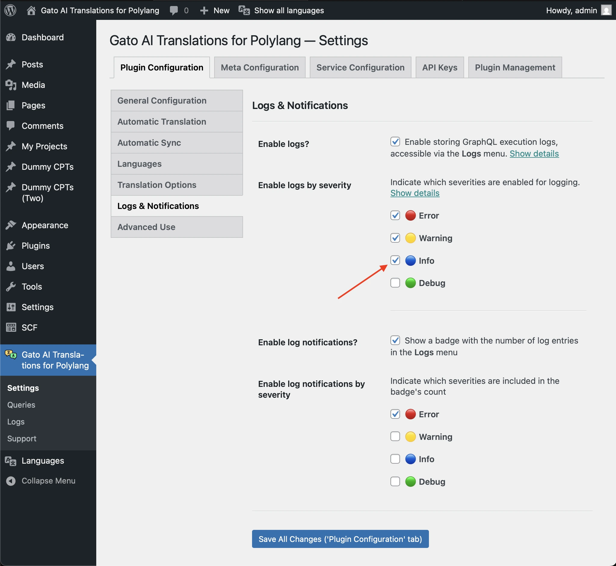 Abilitare la severità Info nelle impostazioni di Logs & Notifications