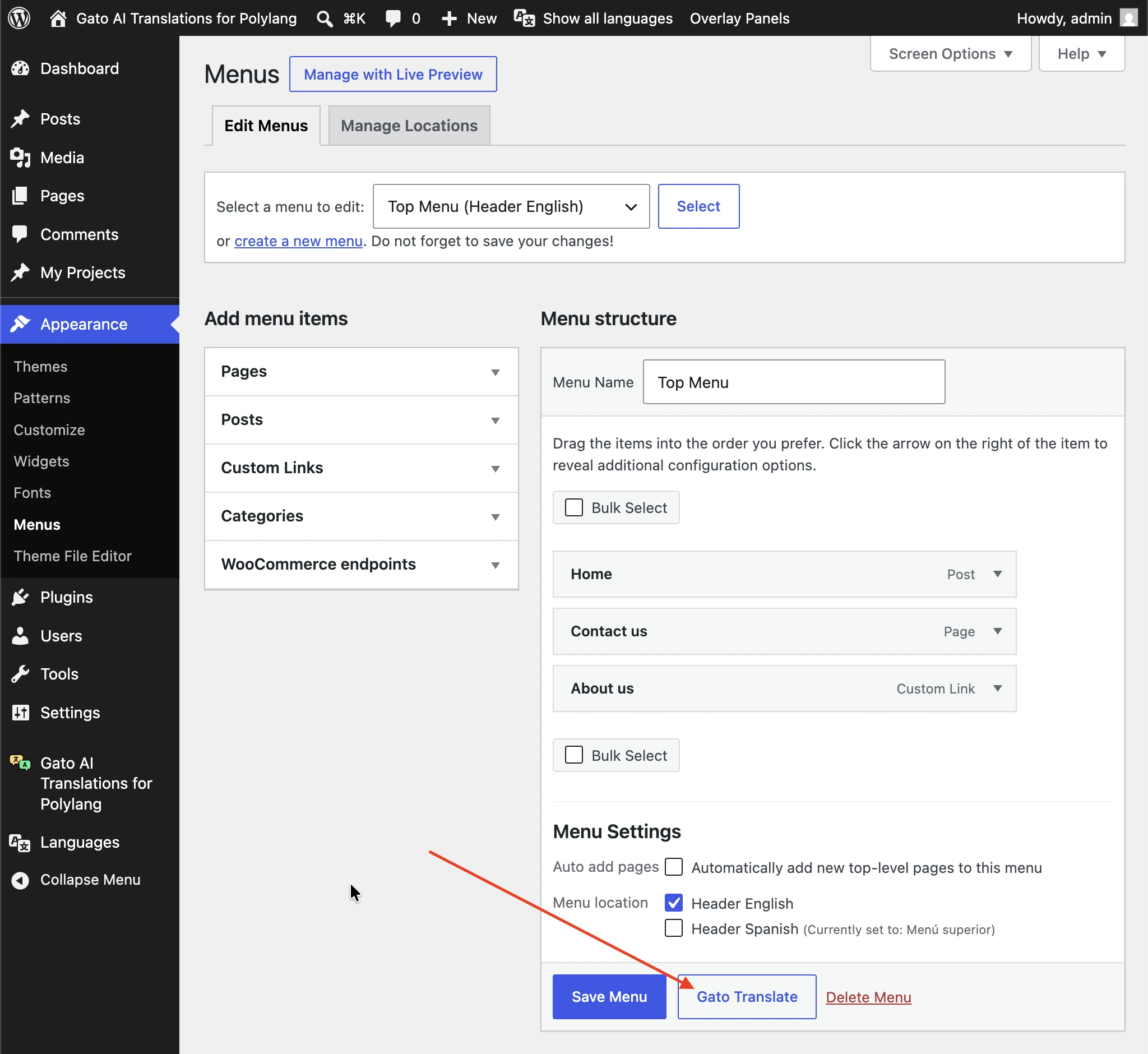 Il pulsante Gato Translate nell'editor dei menu