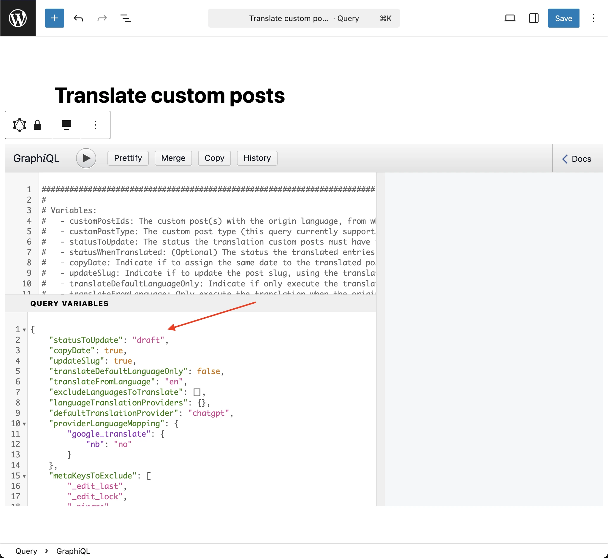 Incollare le variabili nel client GraphiQL