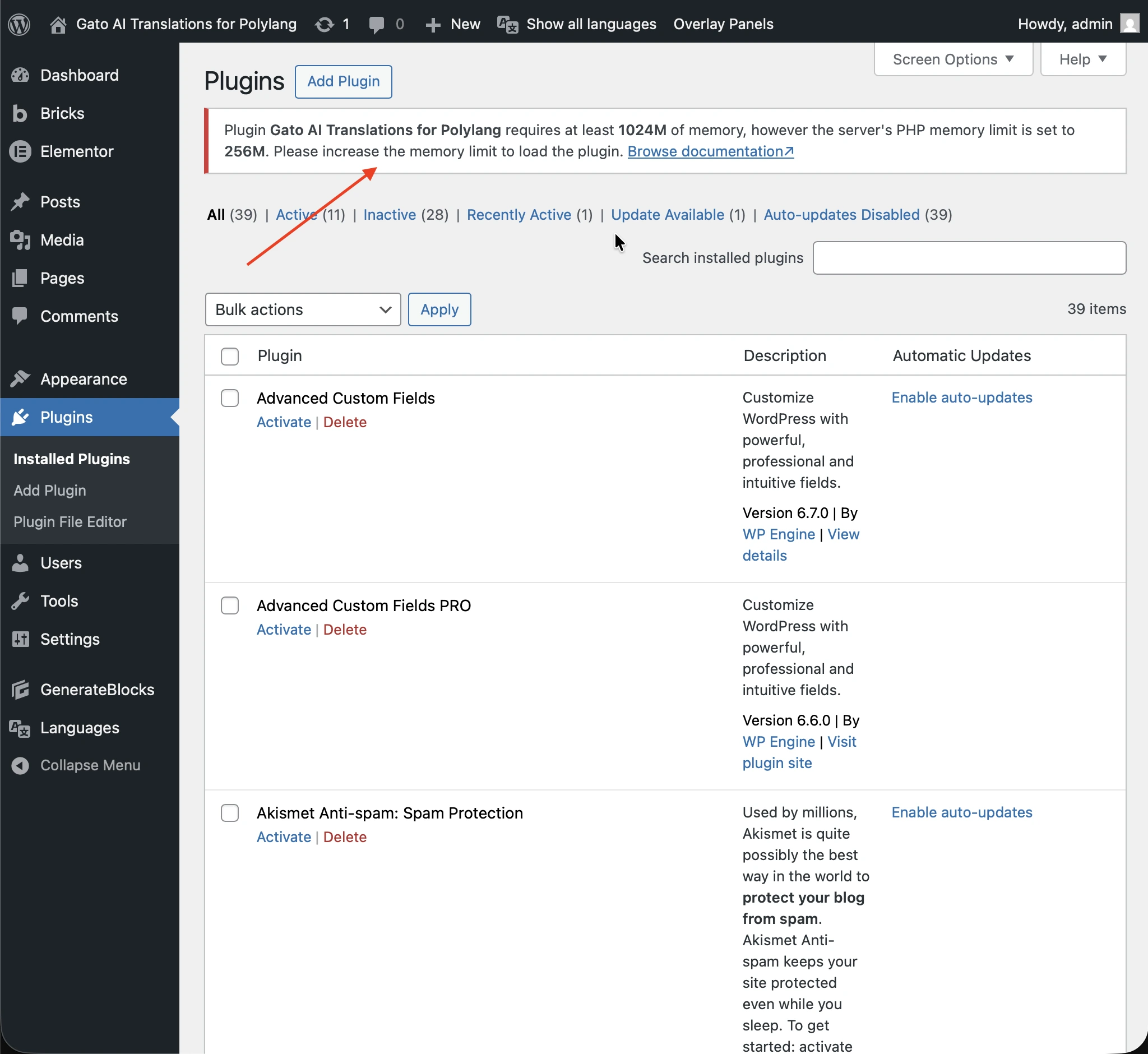 Avviso del limite di memoria del plugin