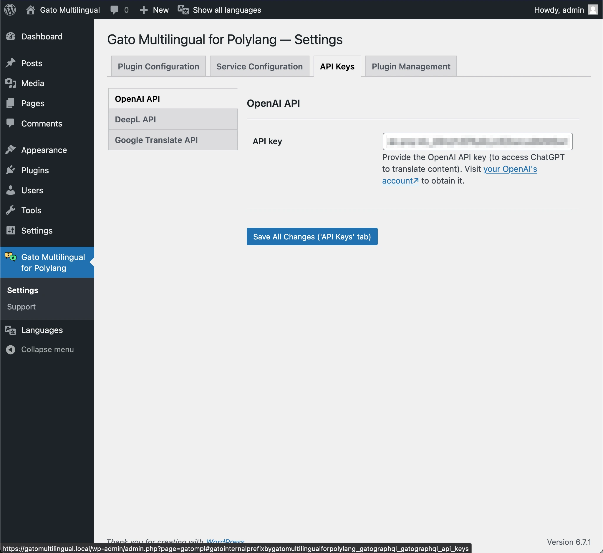 Fornire le chiavi API nella pagina delle impostazioni