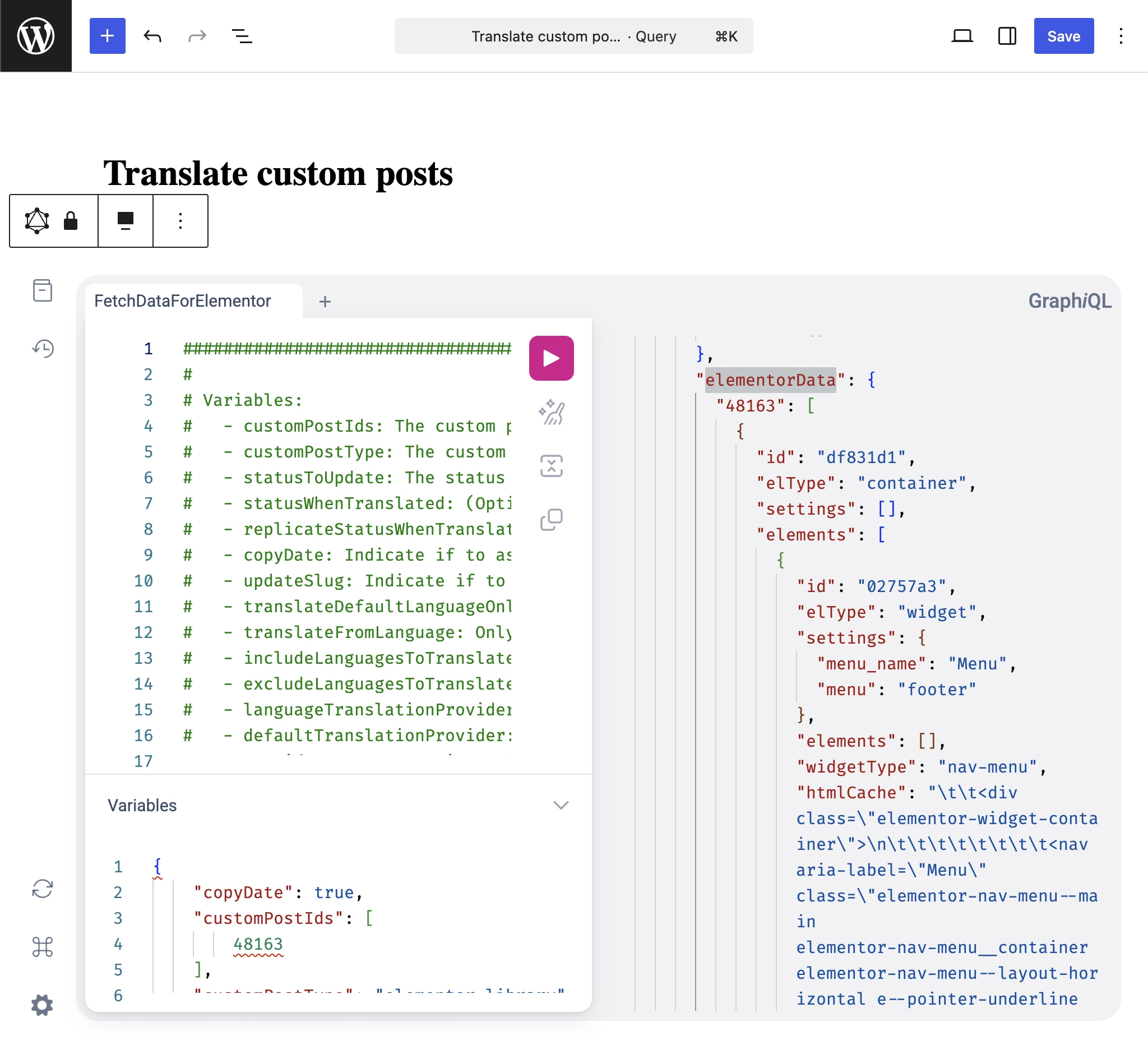 Ispezione di elementorData nella risposta GraphQL di Translate custom posts