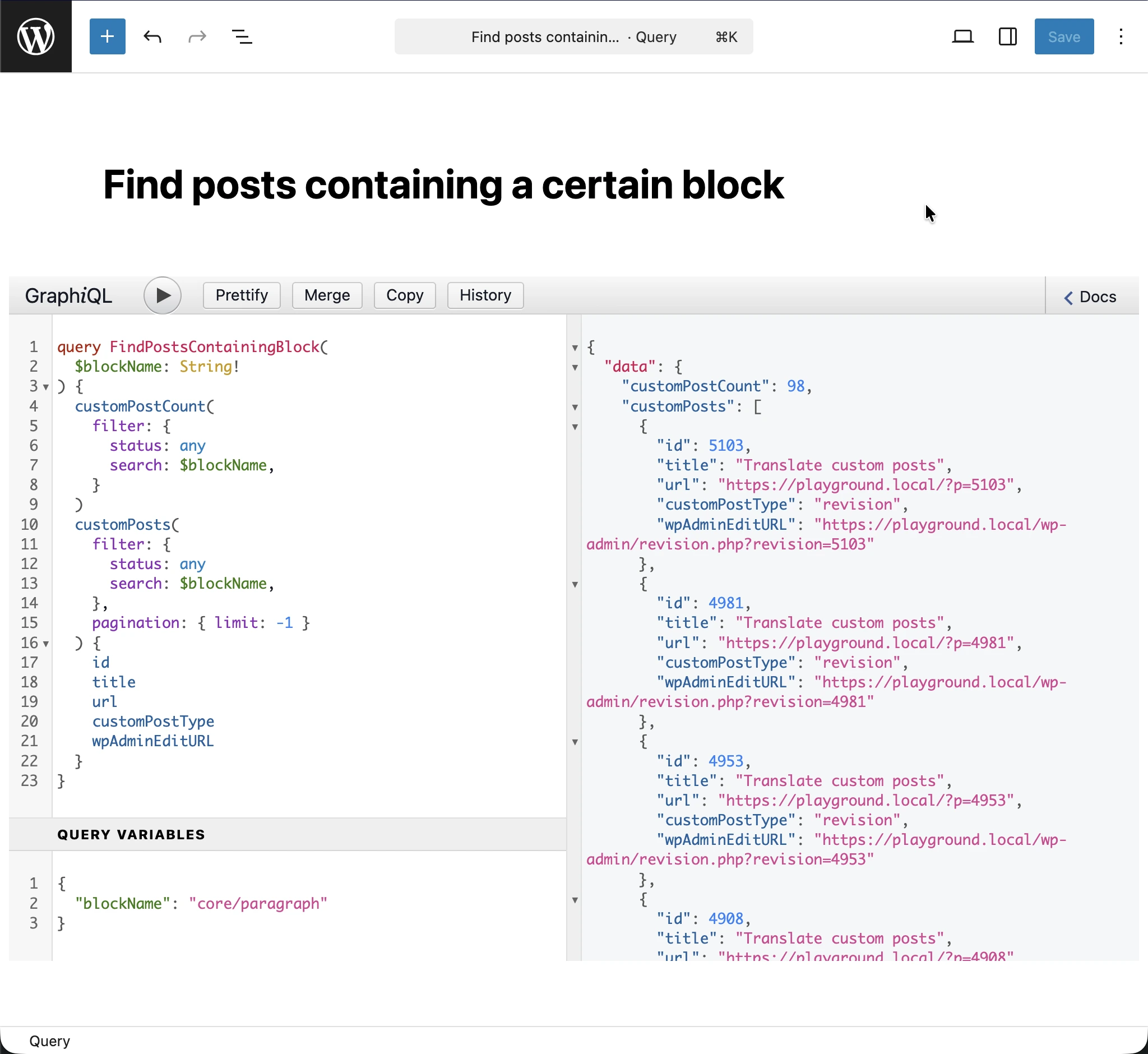 Esecuzione della query GraphQL