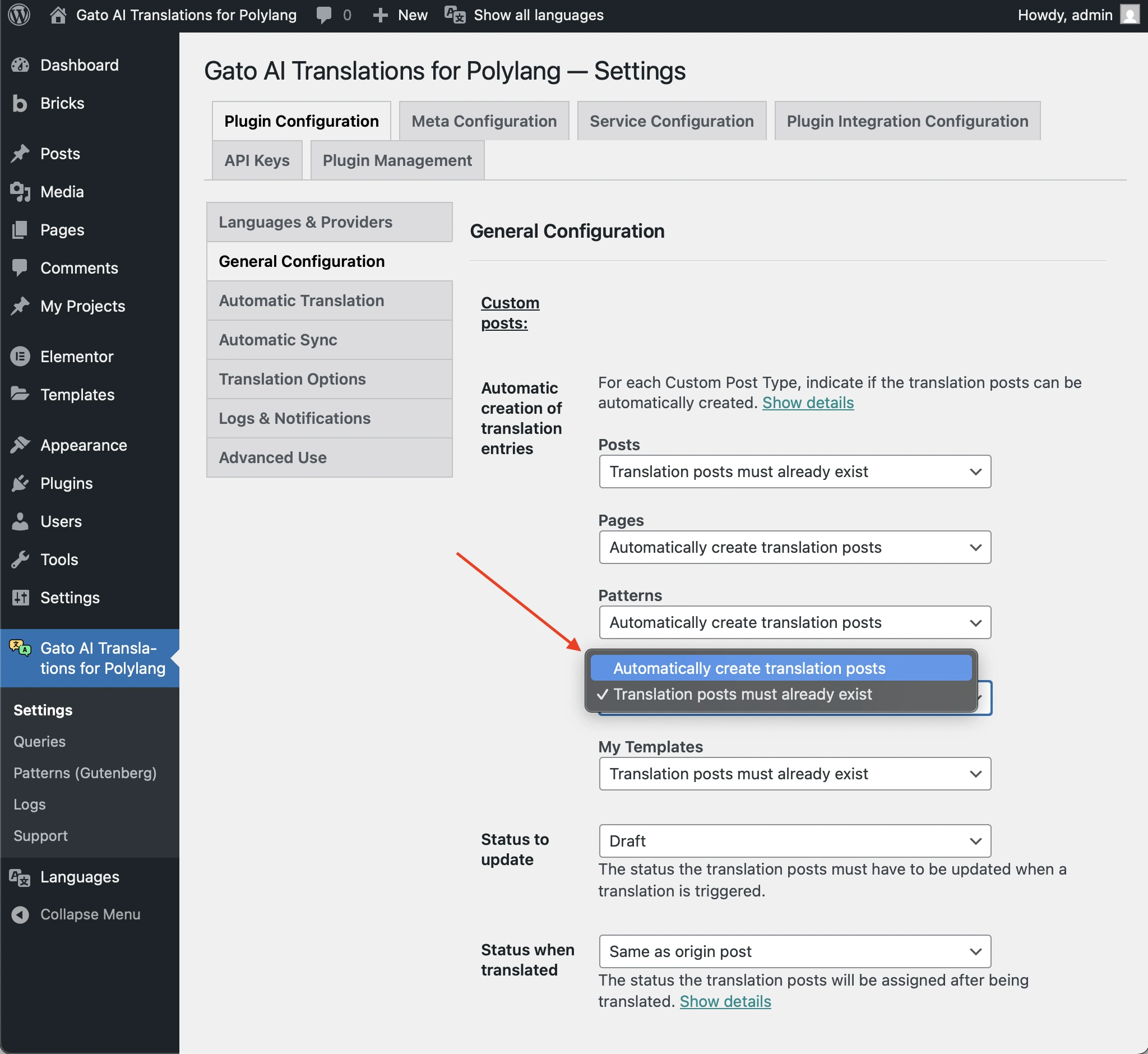 Impostare l'opzione 'Automatic creation of translation entries'