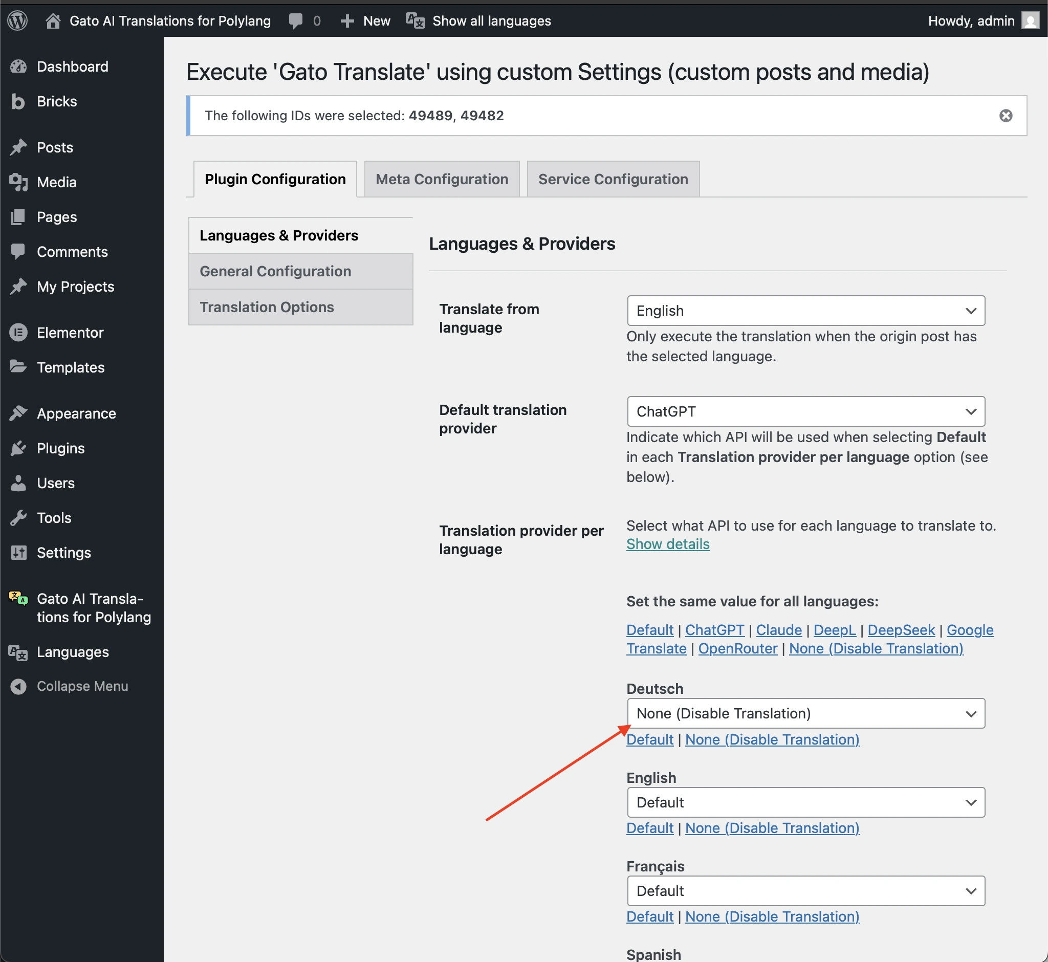 Personalizzazione dell'esecuzione dell'azione 'Gato Translate'