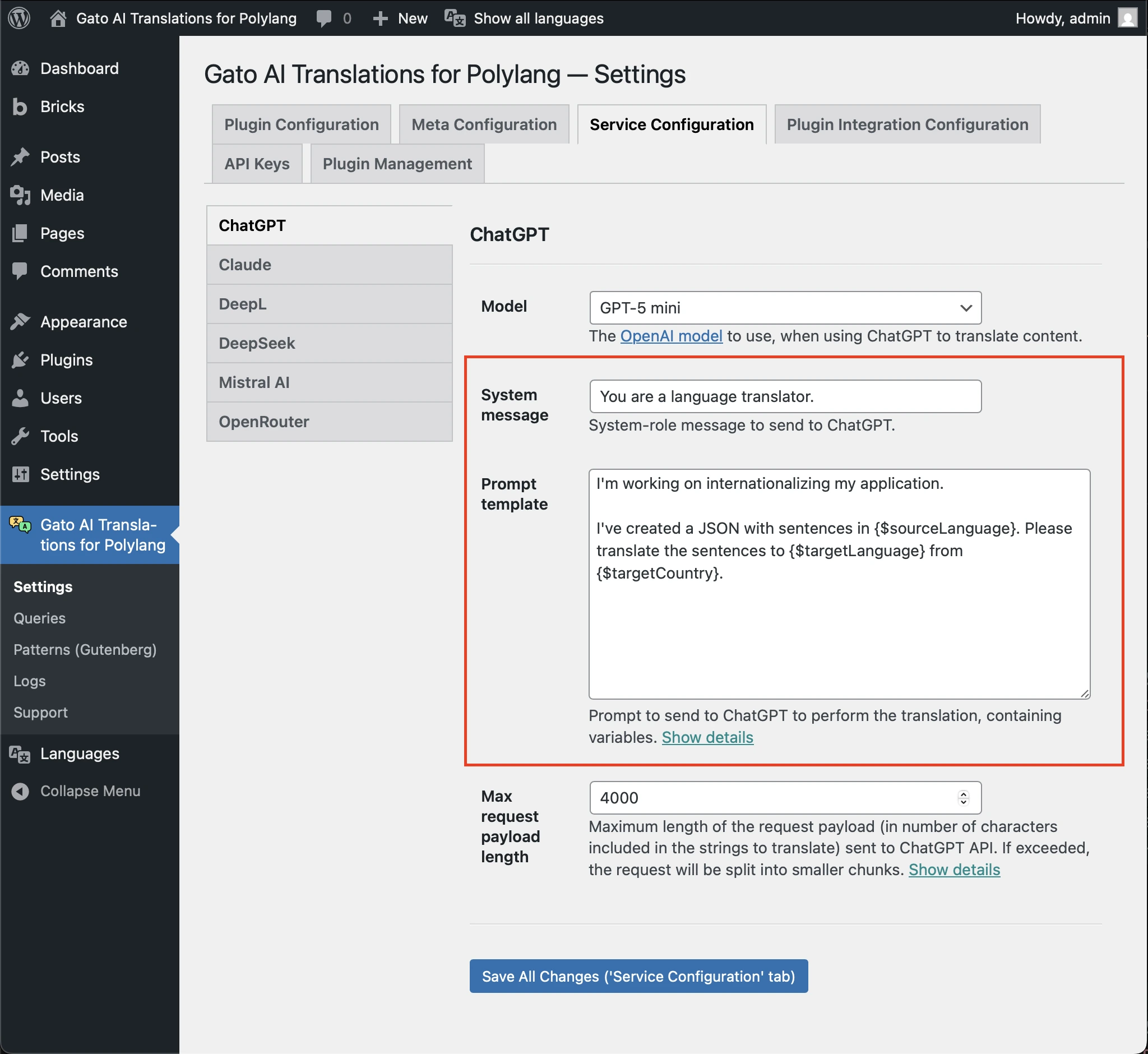 Impostazioni del prompt IA personalizzato