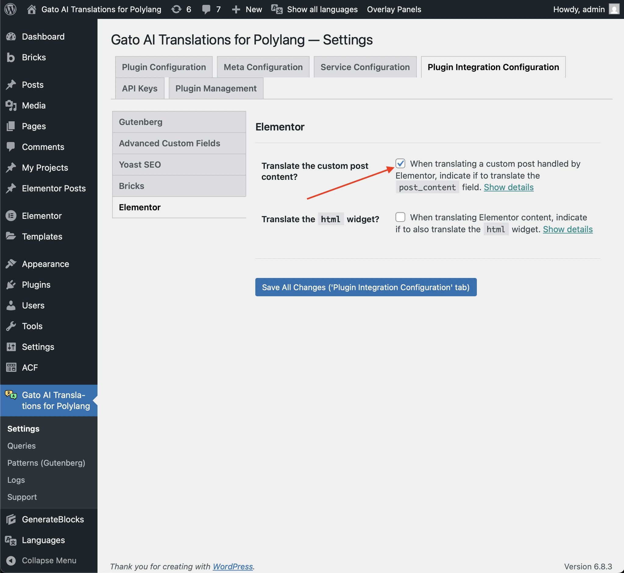 Configurazione dell'opzione 'Translate content' per Elementor