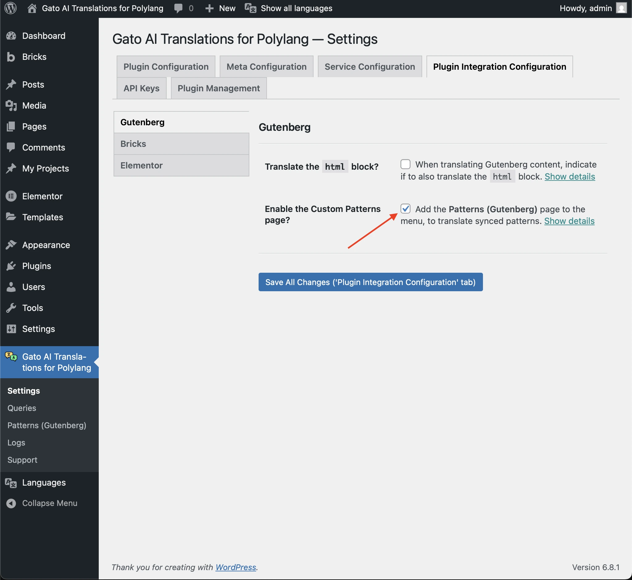 Abilitare la pagina personalizzata dei Patterns nei Settings