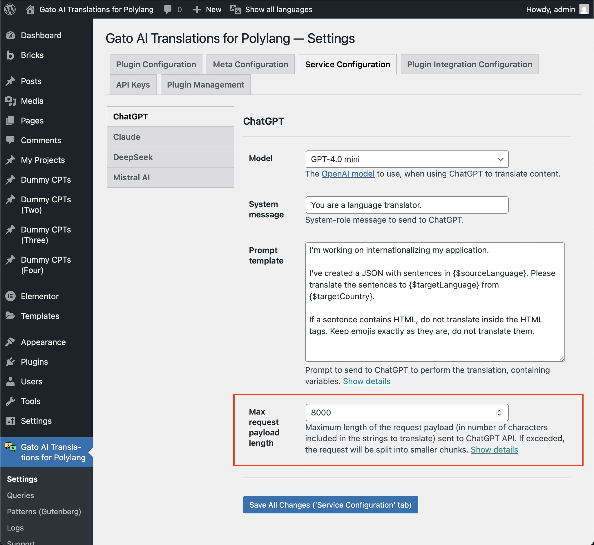 Configurazione dell'opzione 'Max request payload length'