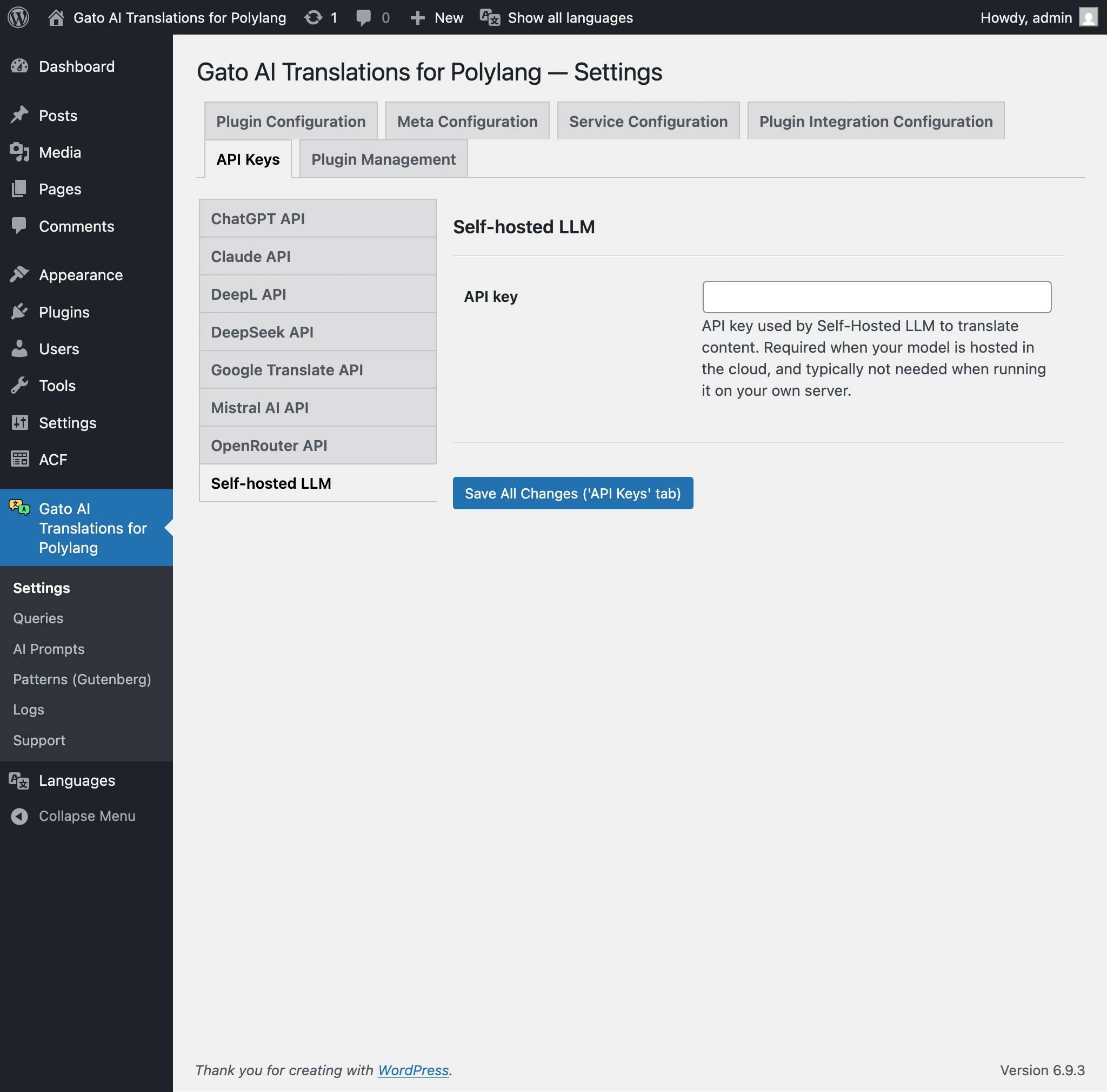 Fornire la chiave API per un LLM self-hosted nelle Impostazioni