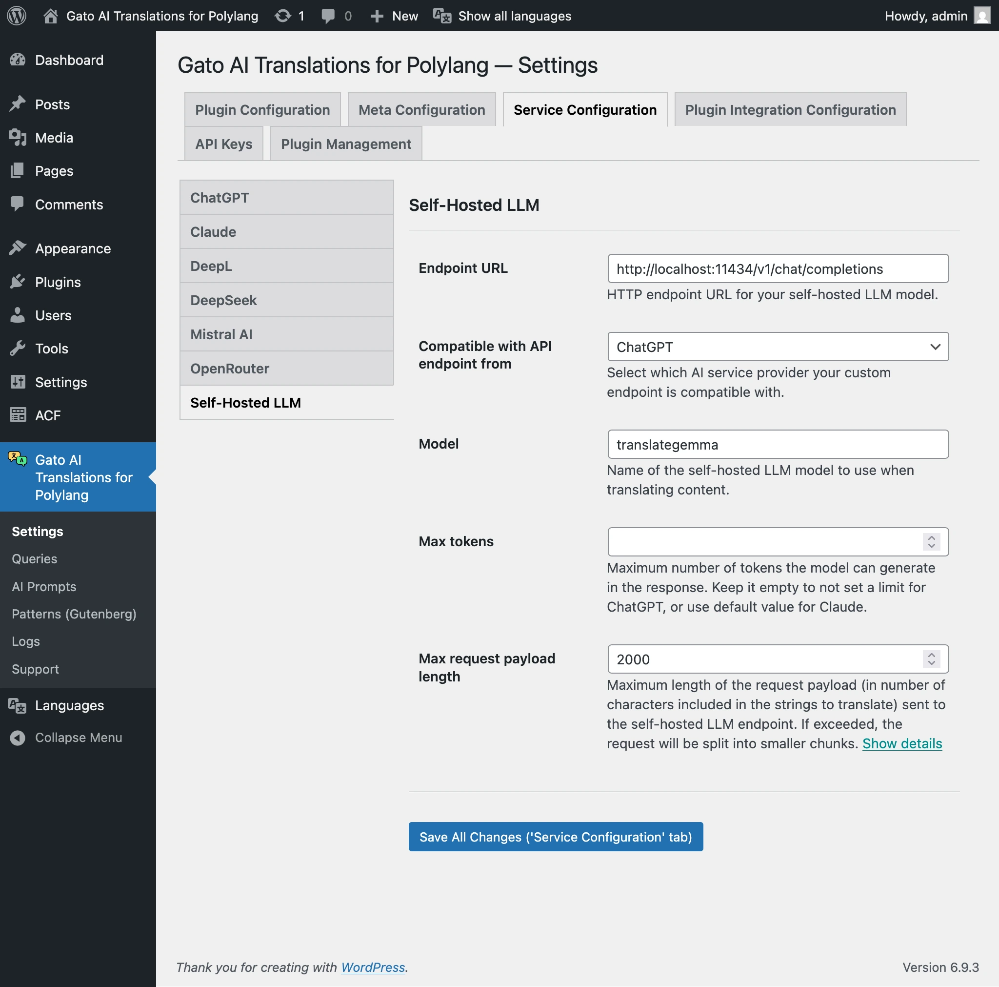 Configurazione di un LLM self-hosted nelle Impostazioni
