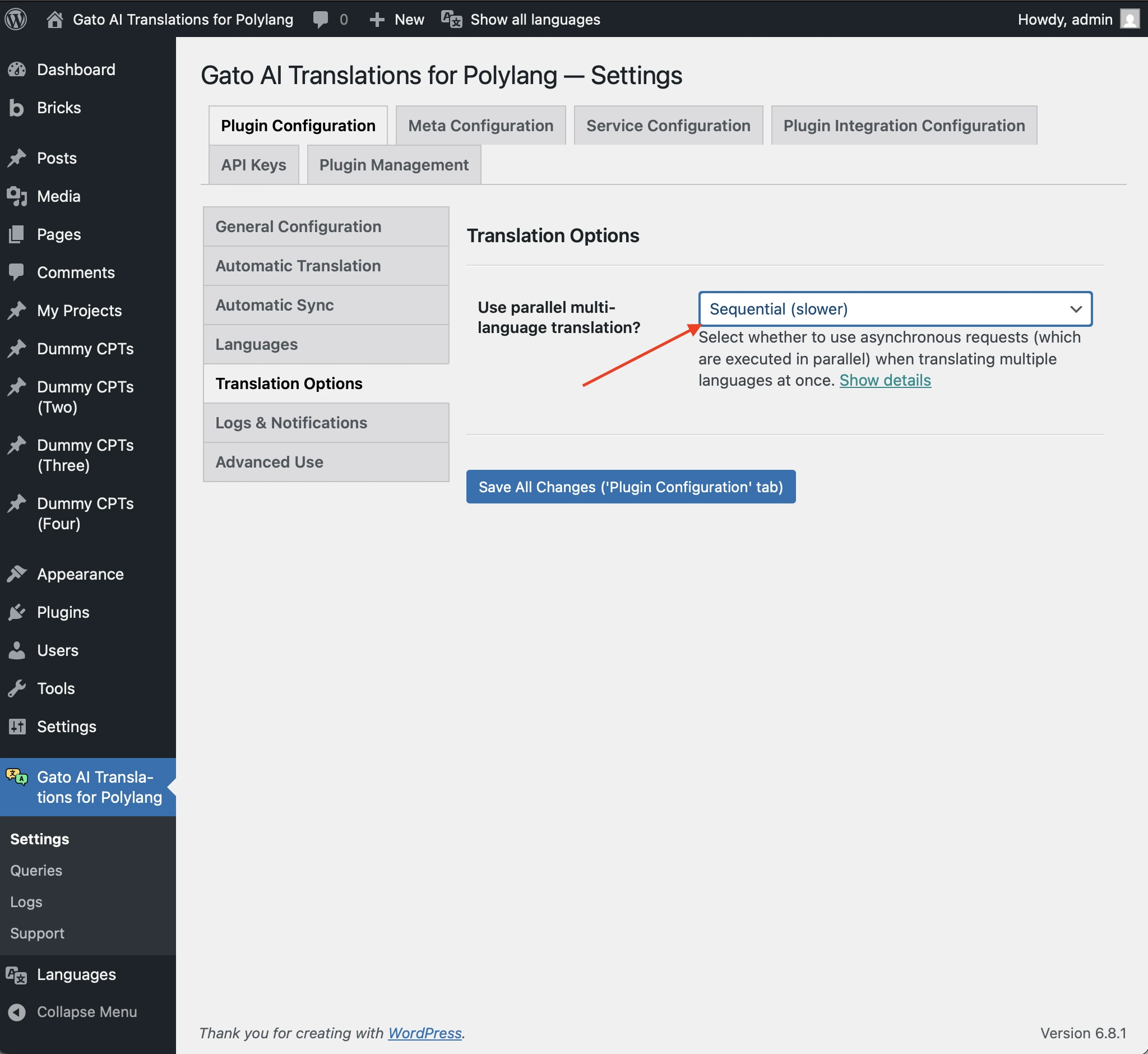 Impostazione dell'opzione 'Use parallel multi-language translation?' su 'Sequential (slower)'