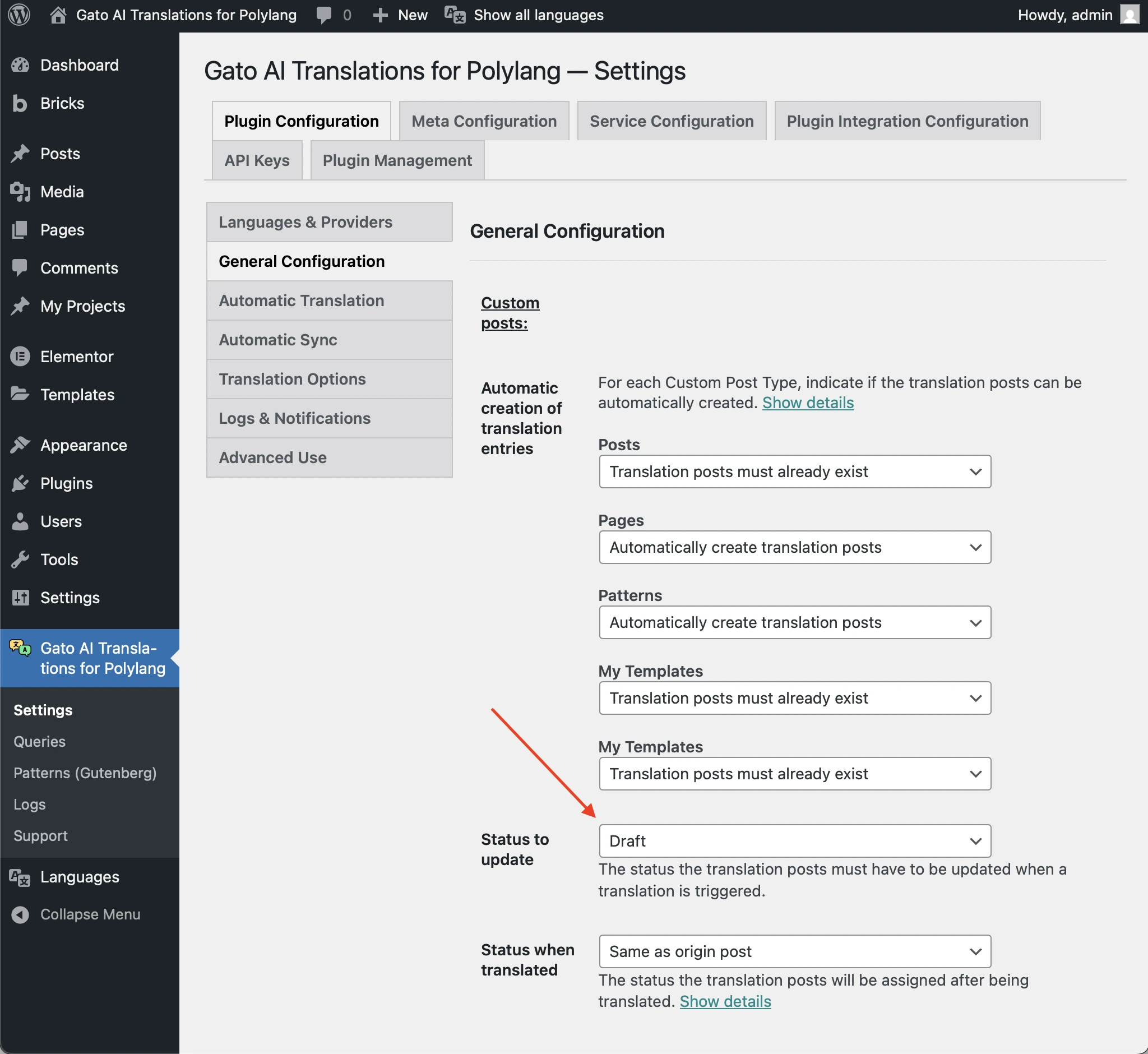 Configurazione dell'opzione 'Status to update'