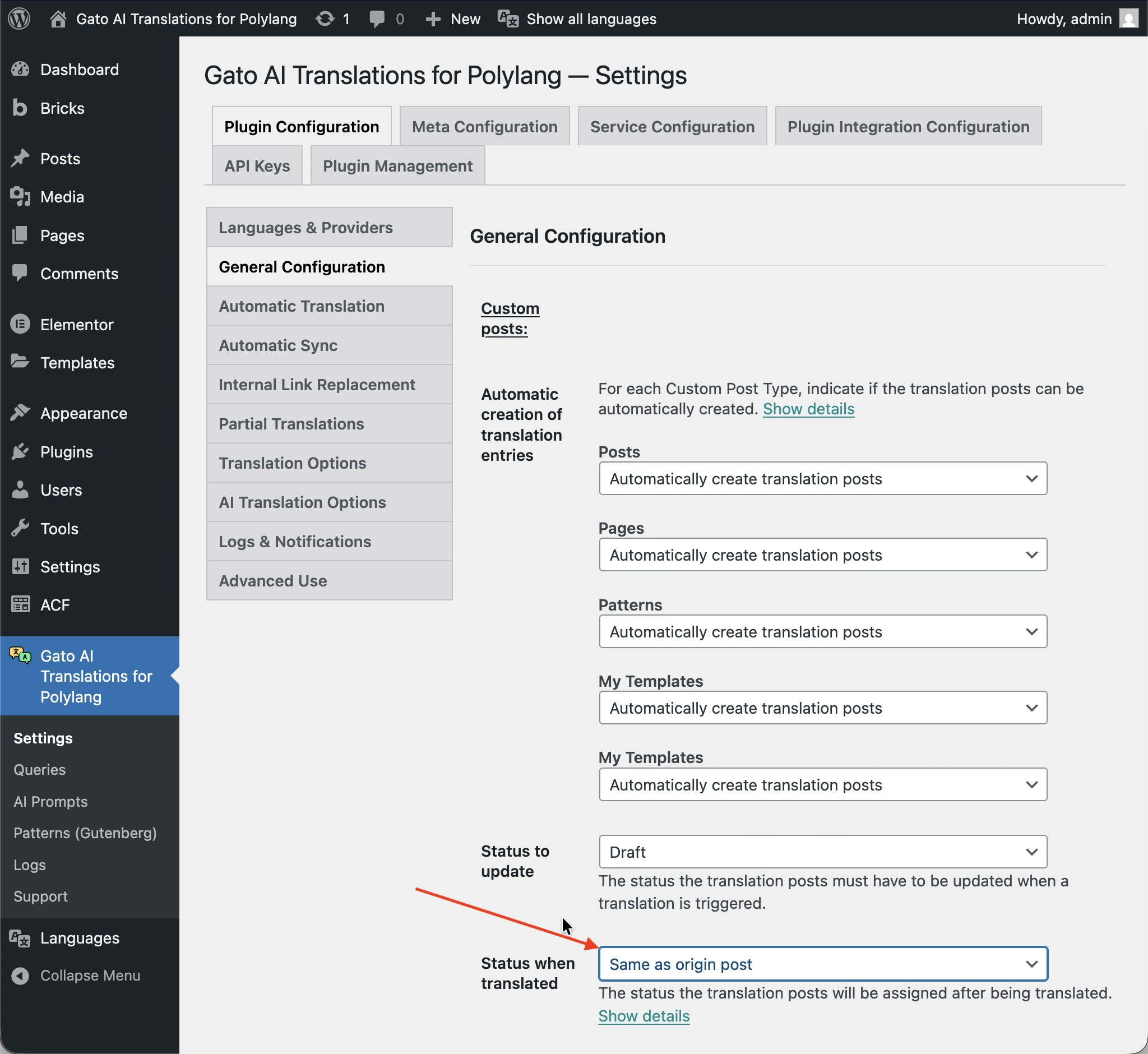 Impostare l'opzione 'Status when translated' su 'Publish' o 'Same as origin post'