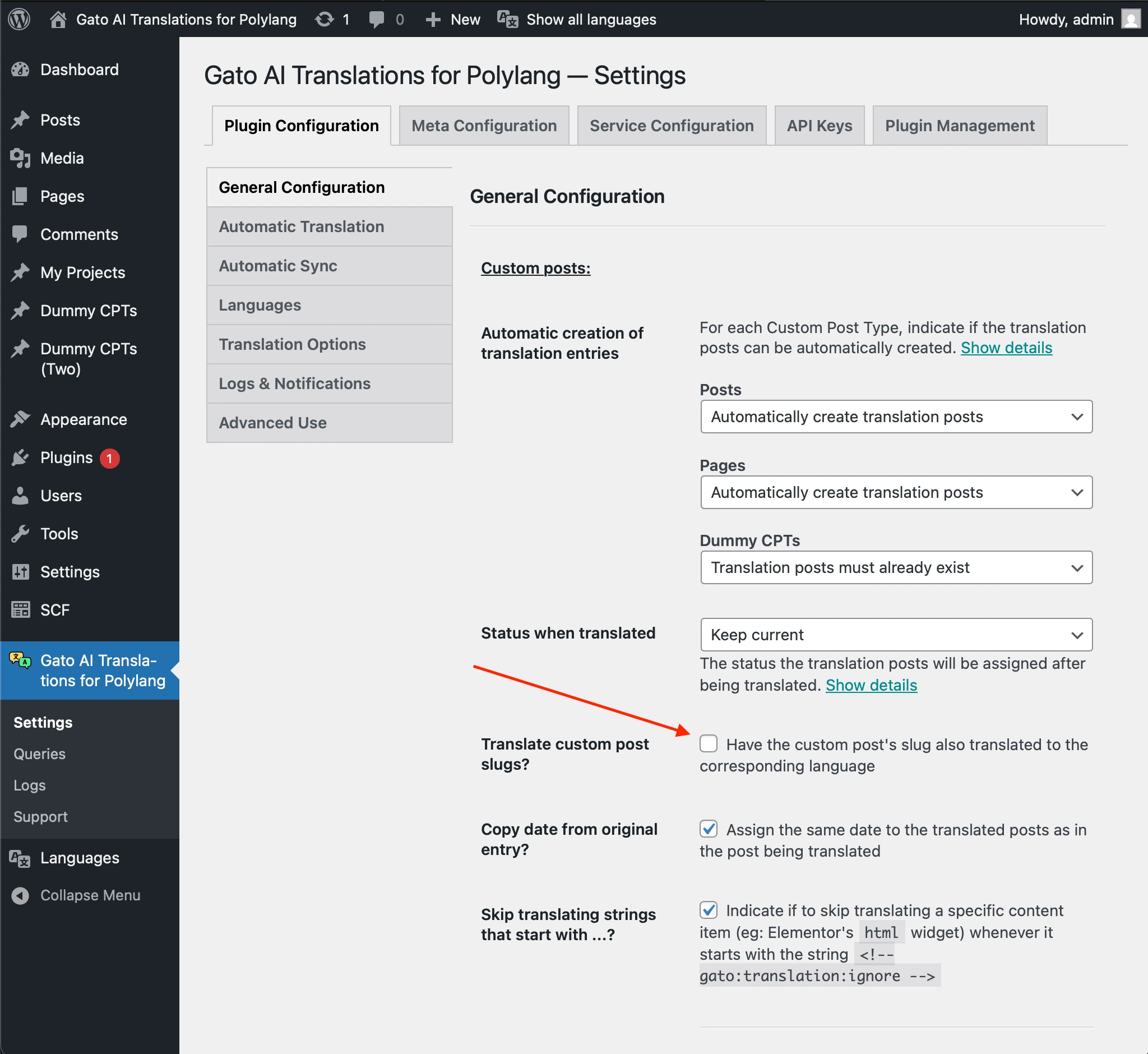 Disattivazione delle traduzioni degli slug di custom posts nelle Impostazioni