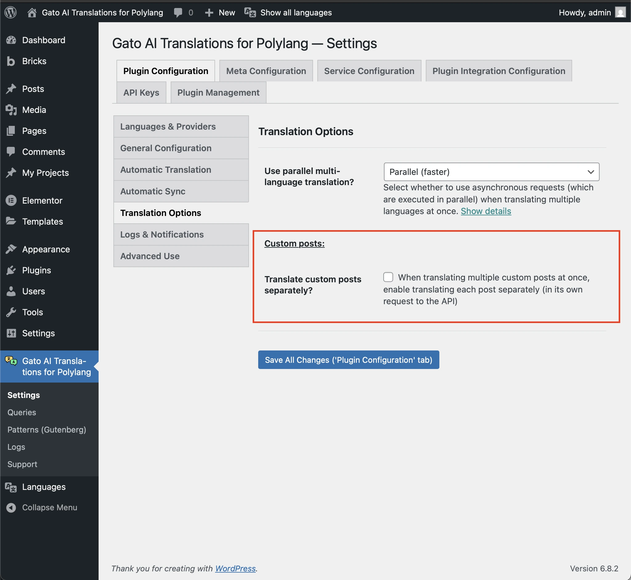 Opzione 'Translate custom posts separately?' nelle Impostazioni
