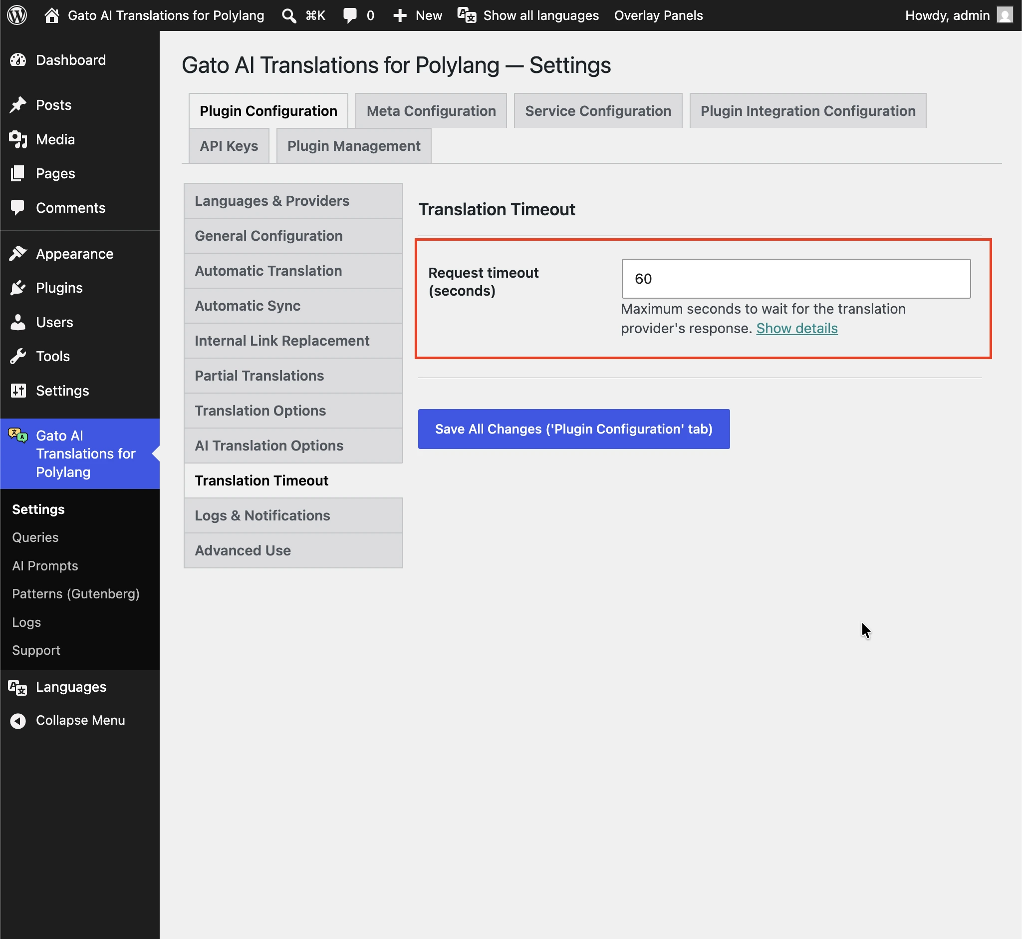 Impostazione dell'opzione Translation Timeout
