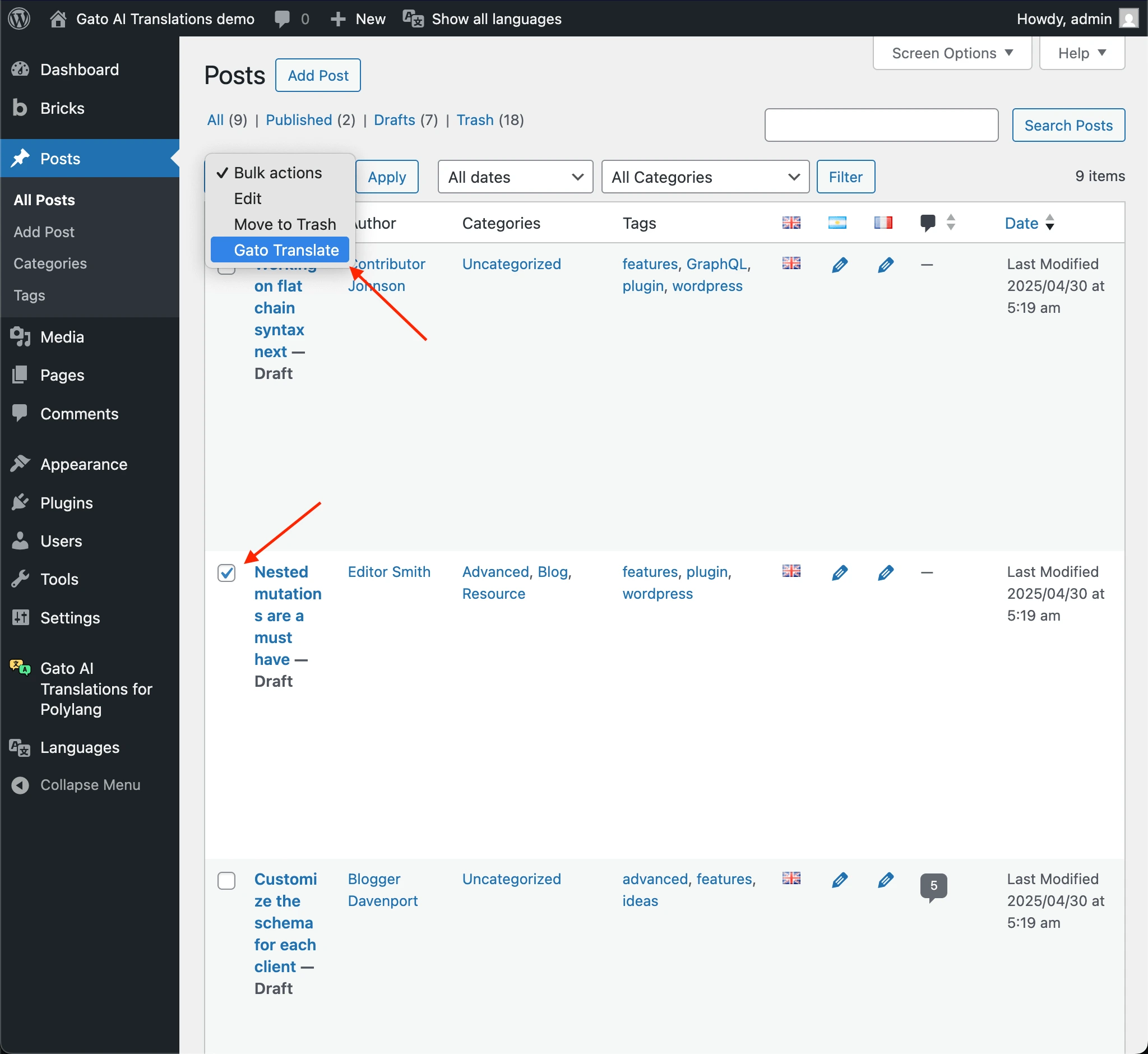Traduzione manuale di un post tramite le Bulk Actions