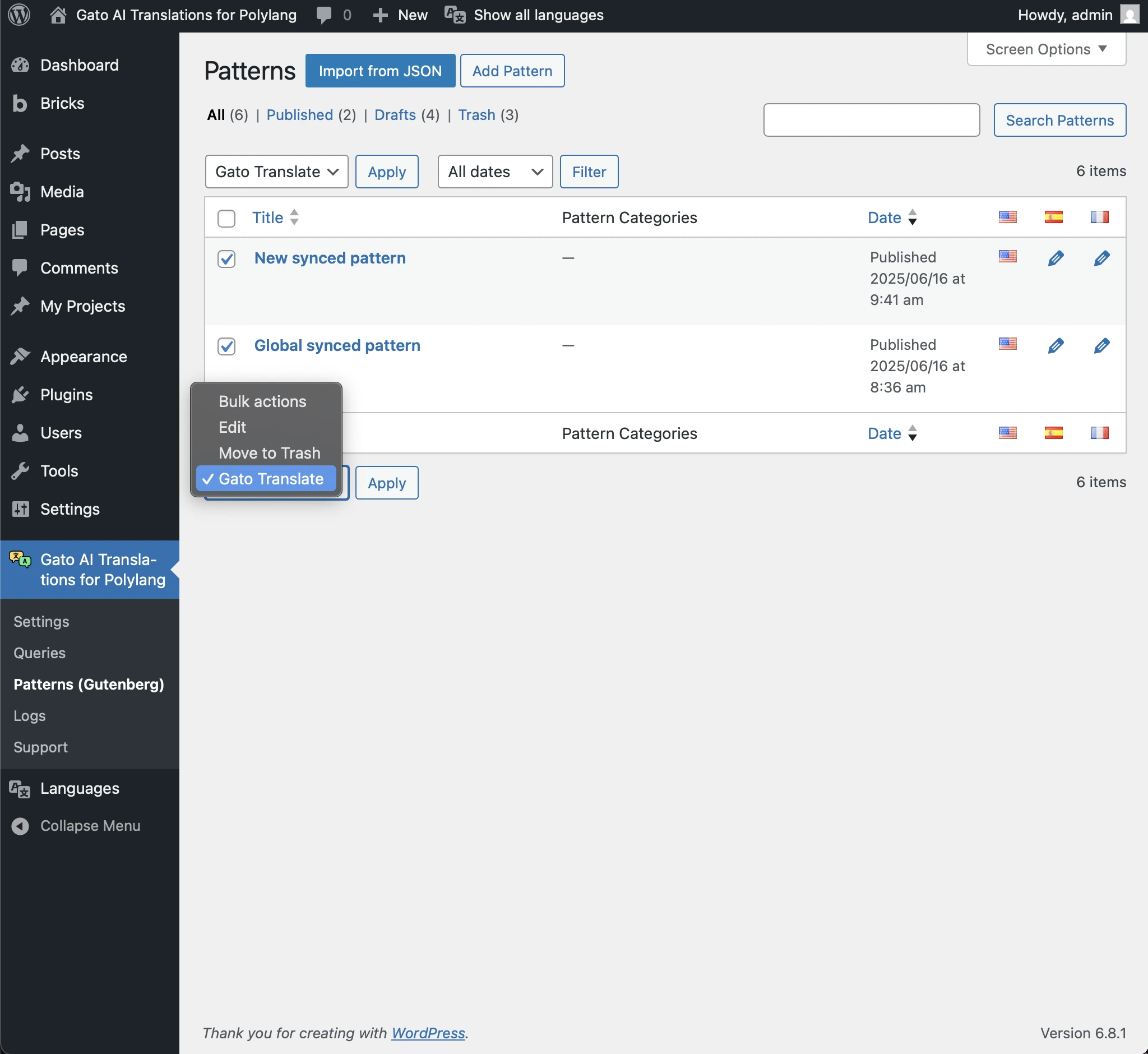 Traduzione dei pattern tramite le Bulk Actions
