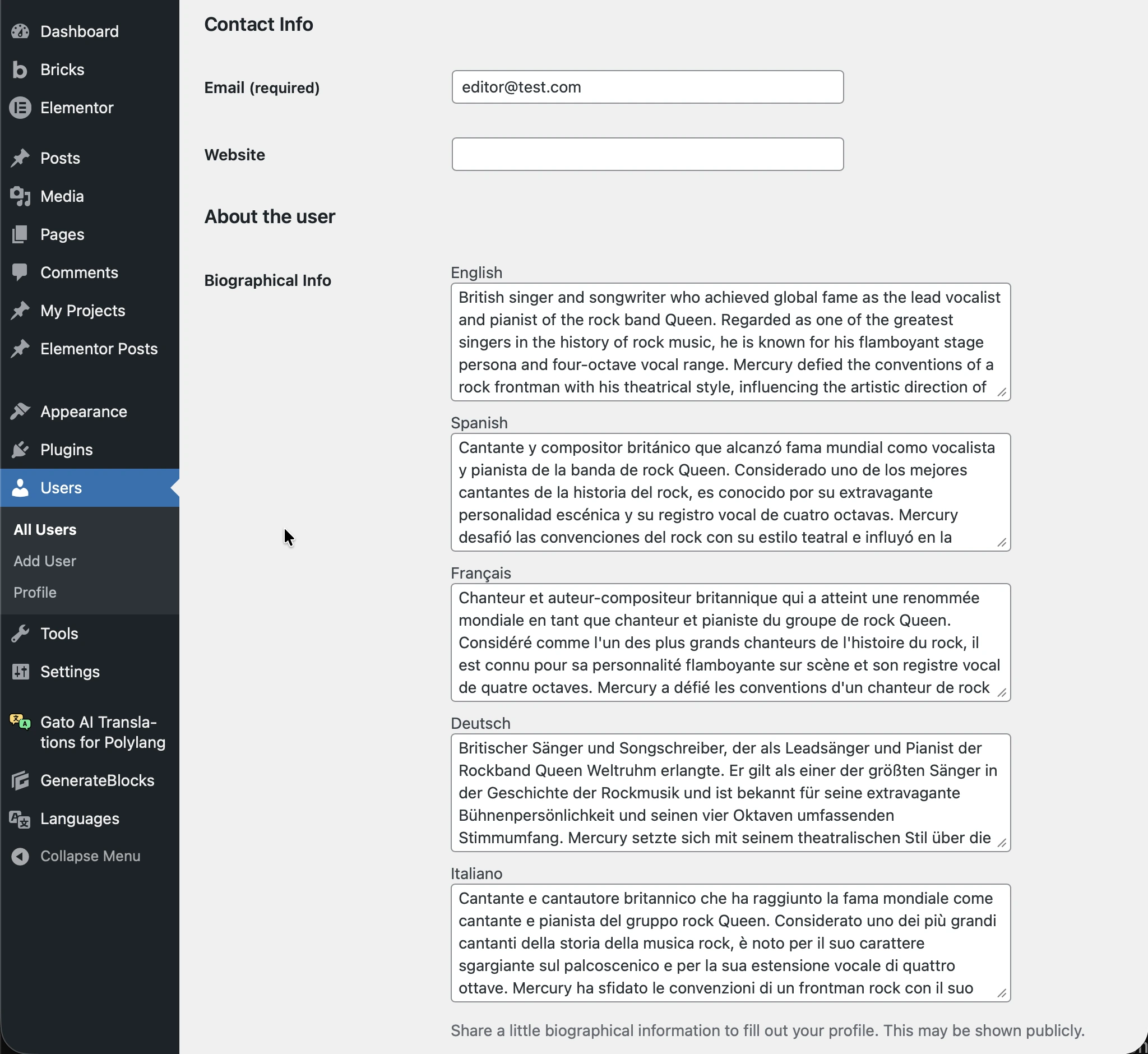 Profilo utente con descrizione tradotta