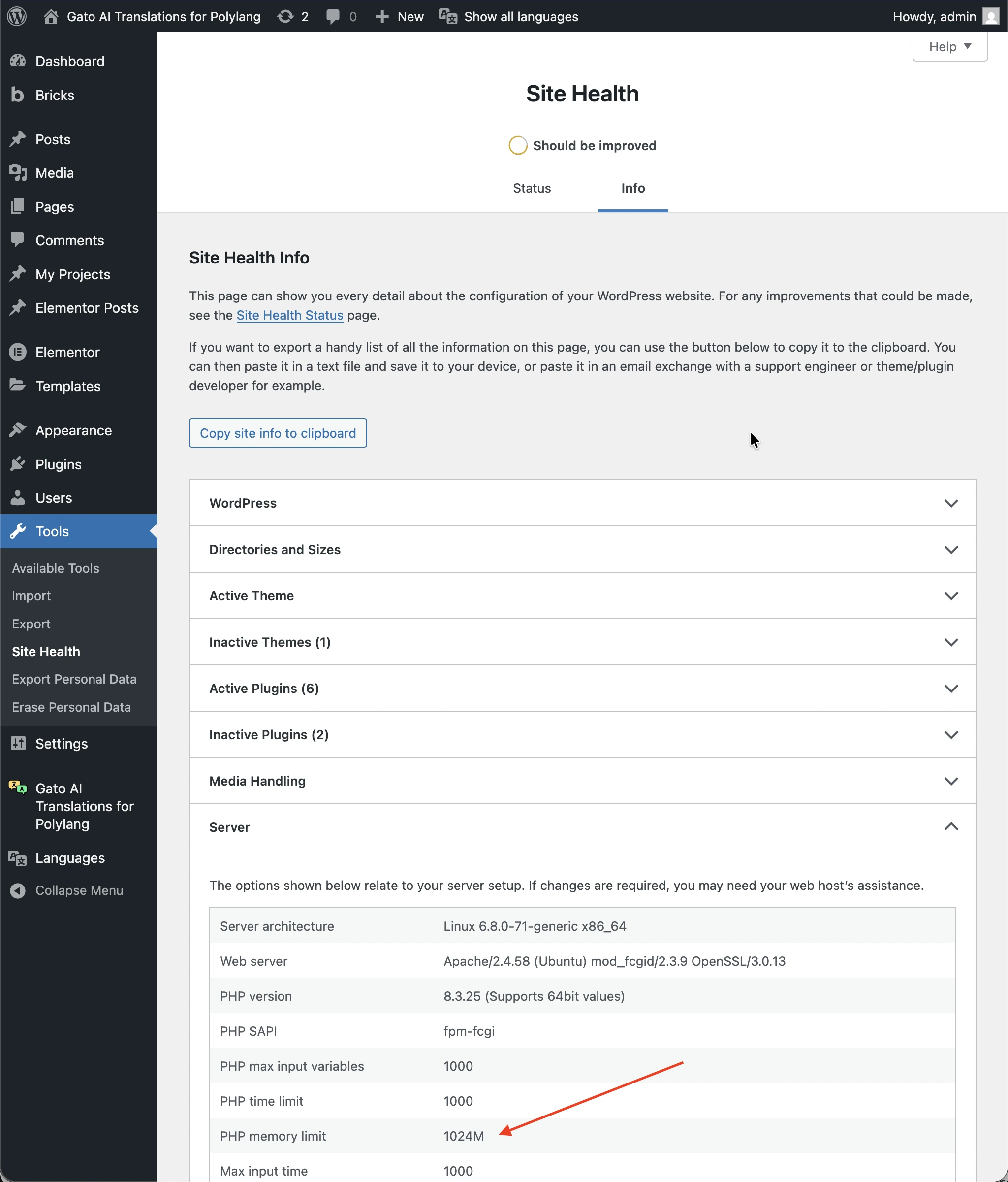 Verifica del limite di memoria PHP nella Salute del sito WordPress