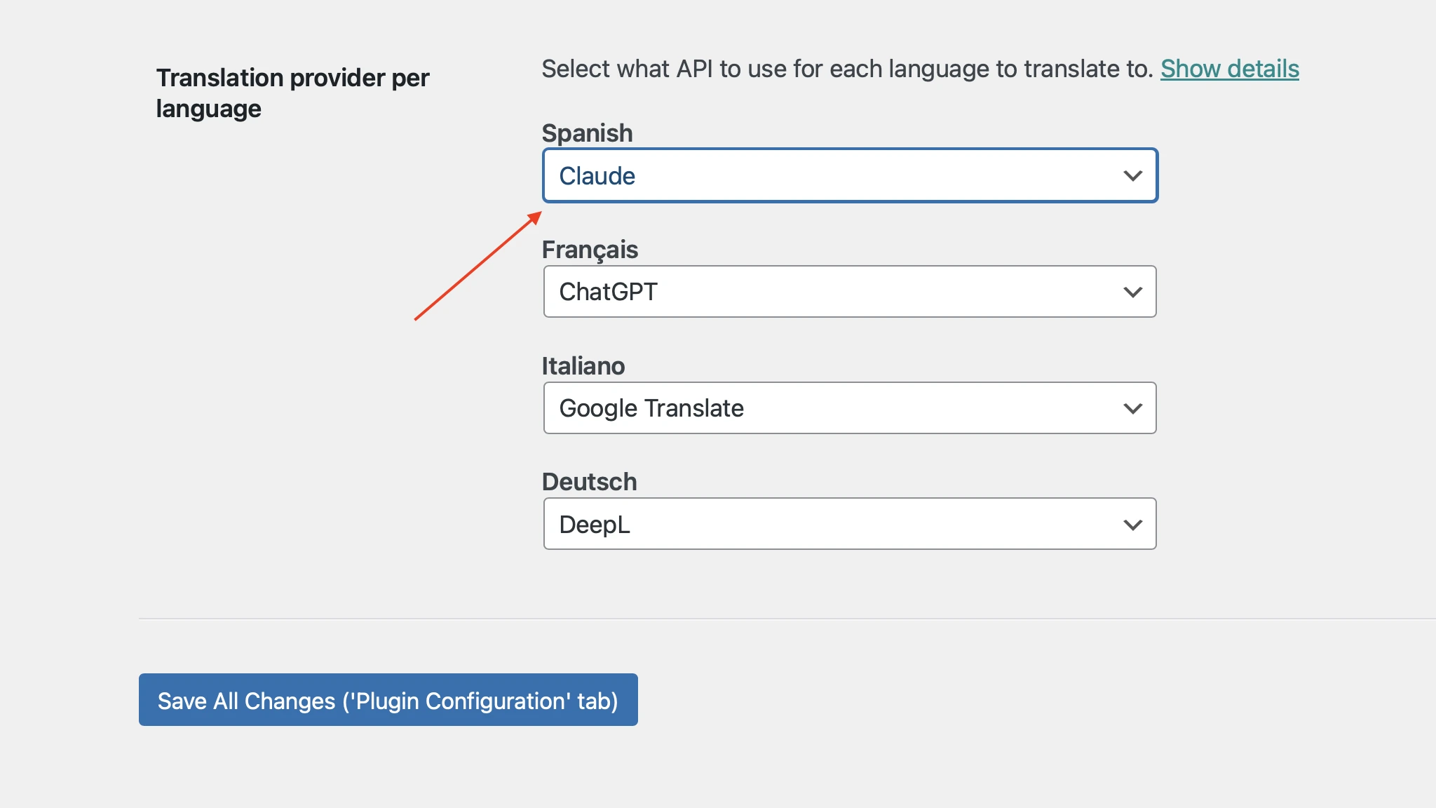 Selezione del provider per ogni lingua