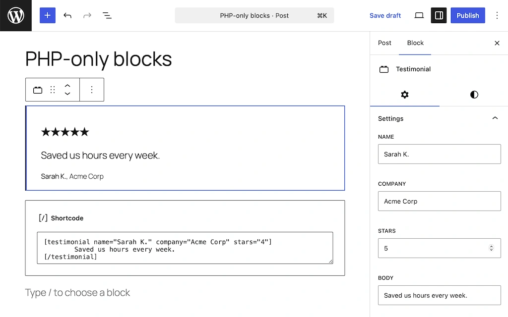 Esempio di blocco personalizzato di WordPress creato solo con PHP