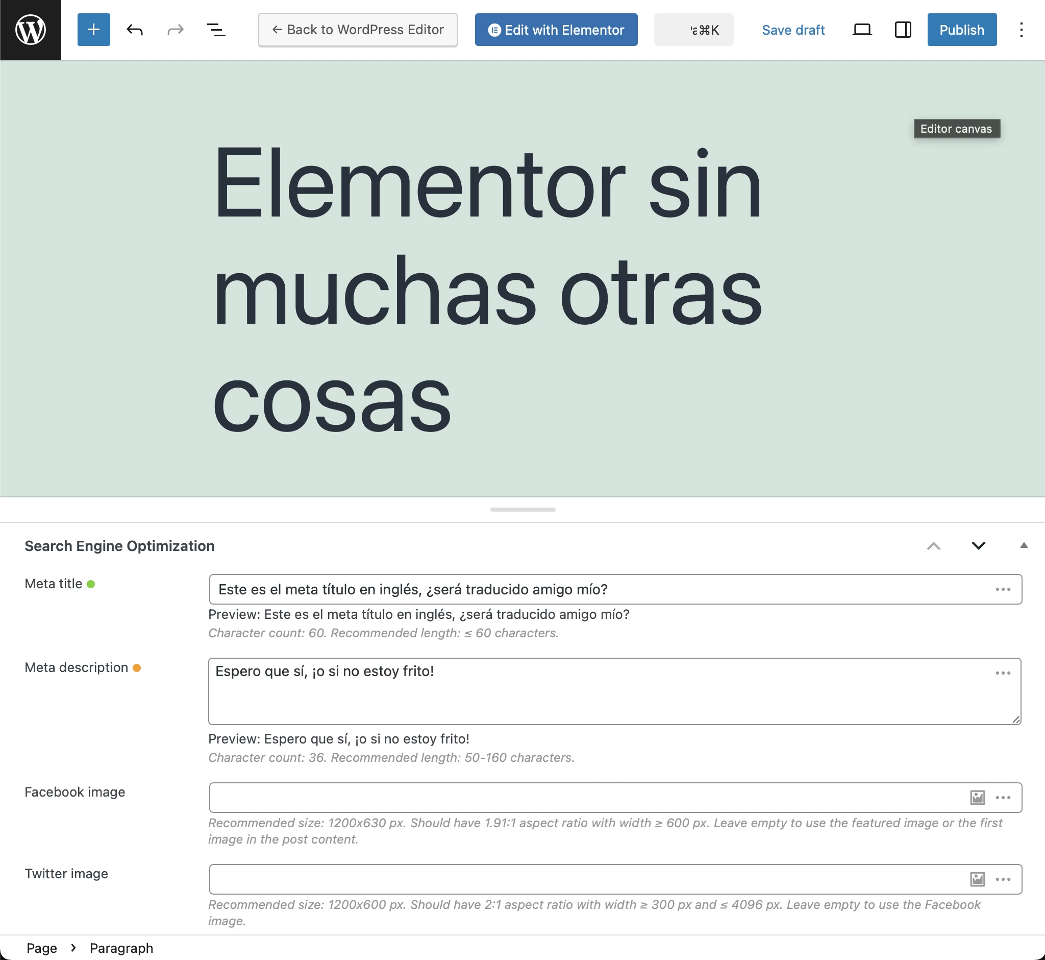 Pagina tradotta in spagnolo, con i meta Slim SEO tradotti