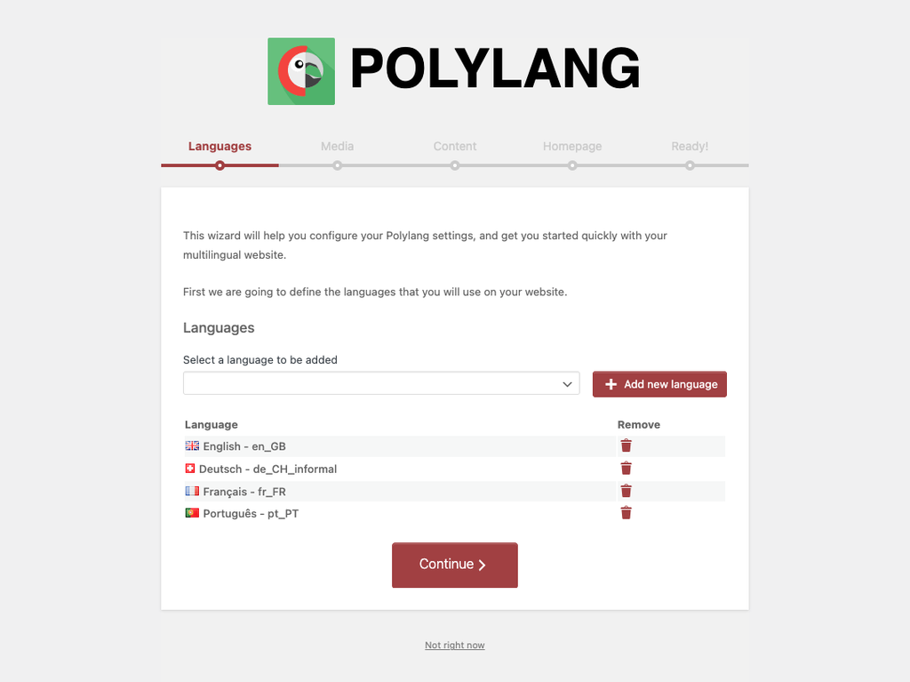 Procedura guidata di configurazione di Polylang