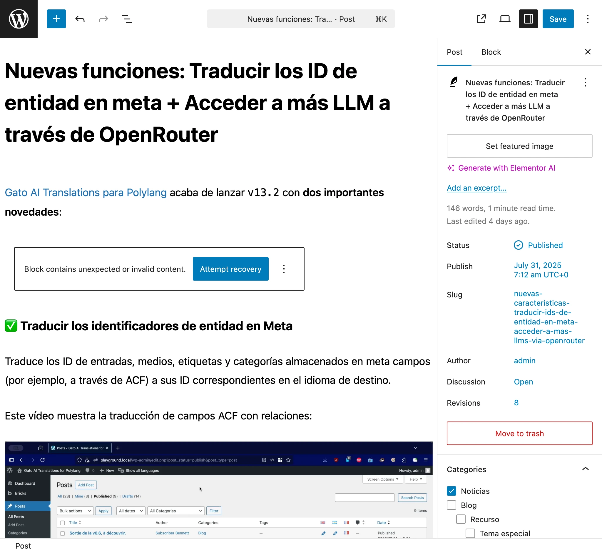 Blocco corrotto che mostra il messaggio di contenuto non valido