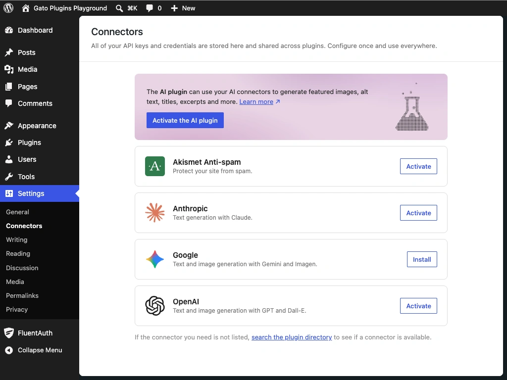 Schermata di amministrazione dei connettori IA di WordPress