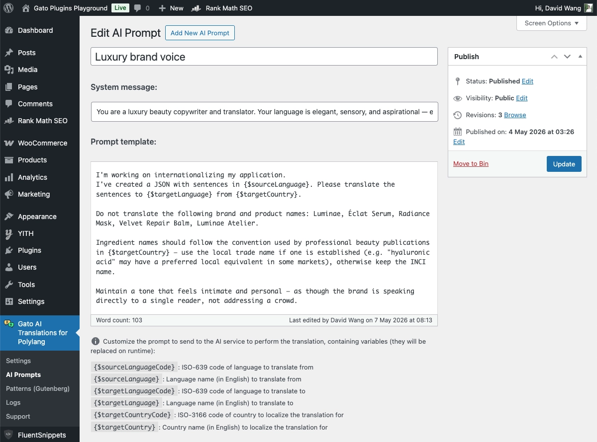 Editor di prompt personalizzato in Gato AI Translations