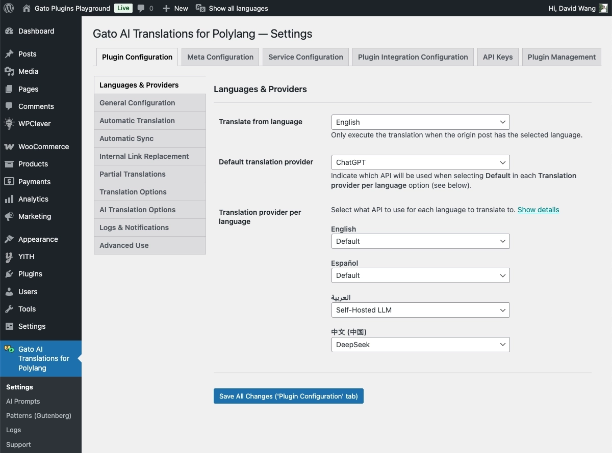 Impostazioni di selezione del fornitore in Gato AI Translations